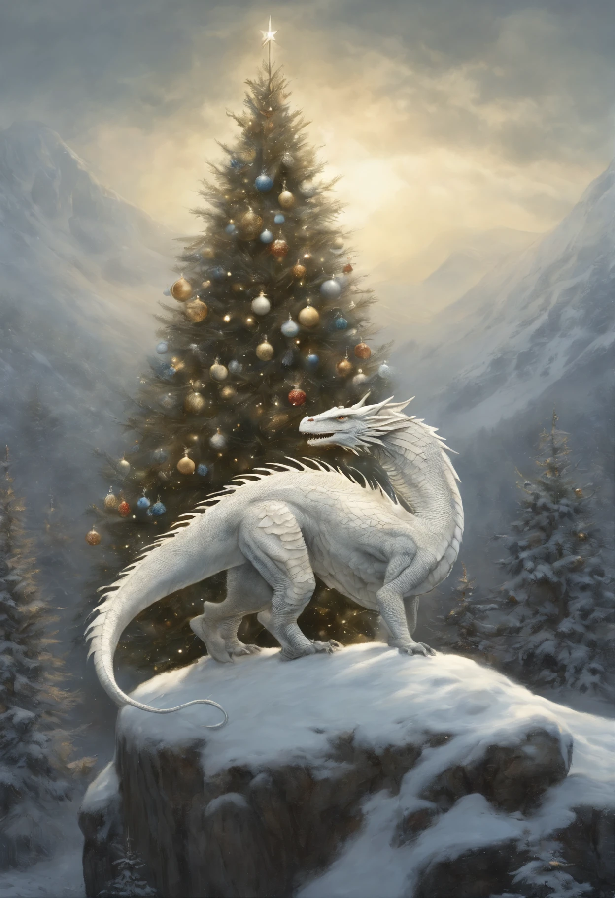 真实感, dark fantasy style, John Tolkien style, Small painting by Jean-Baptiste Monge, the dragon hugs the Christmas tree with its tail, winter, Snow is falling, huge christmas tree, a huge white dragon hugs a Christmas tree, large white dragon with golden crest, anatomically correctly drawn body, Looks like an ancient dragon, Santa Claus near the Christmas tree, The city, megalopolis, city trail, Big Christmas tree, glass skyscraper, Jean-Baptiste Monge, anthropomorphic --ar 2:3 --testp -optimistic;