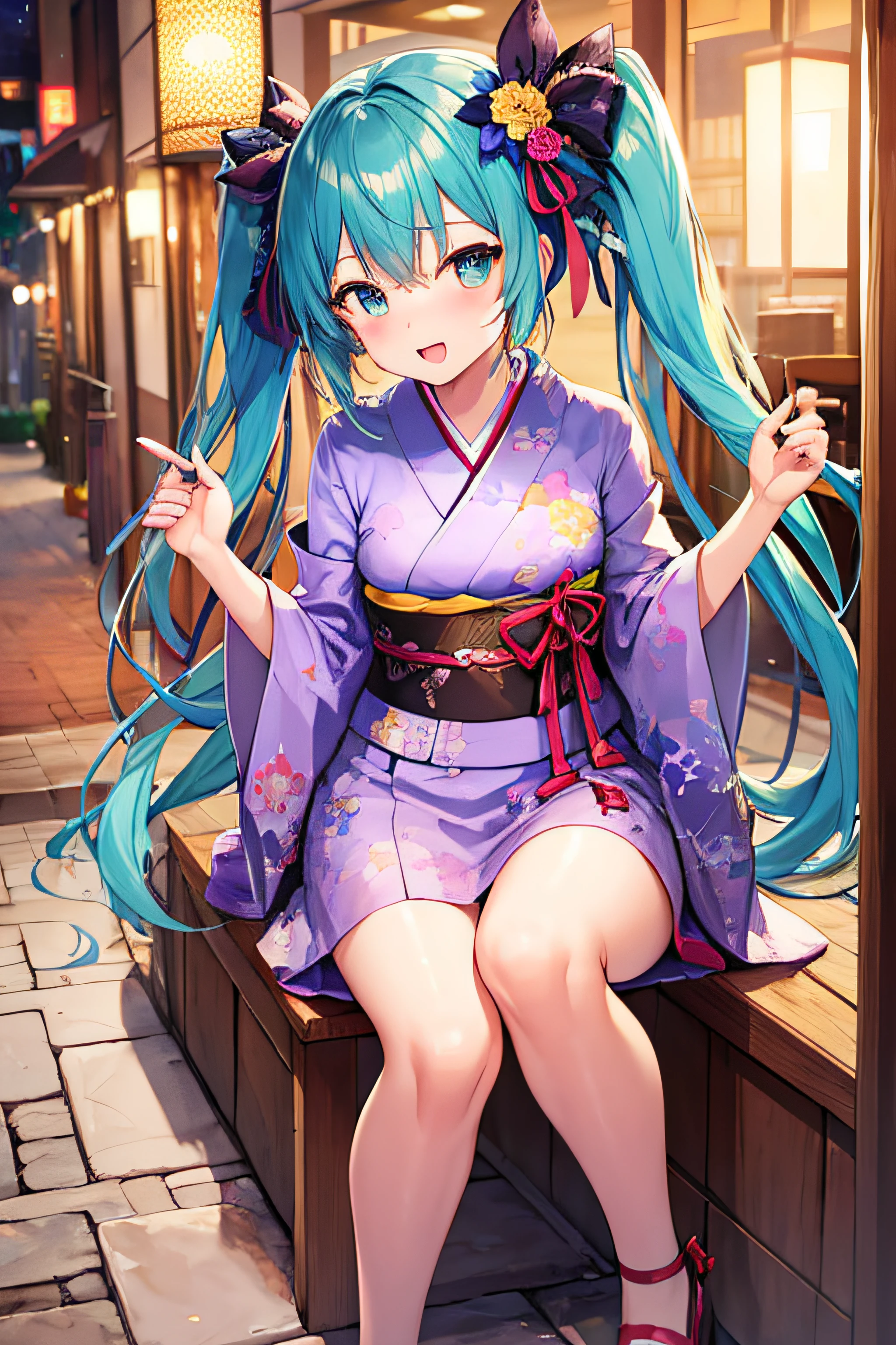masterpiece、Top image quality、超A high resolution、miku hatsune、blue hairs、Twin-tailed、Blushing、is in estrus、mock、Open your mouth just a little、Short kimono、well-shaped thighs、kyoto、Japan、Night