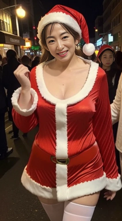 japanese mature, (Solo), 50 years old, (Wrinkles at the corners of the eyes:1.5), Large breasts, A MILF, glamor, A sexy, Chromo-white skin, Looking at Viewer、Super large udder、(((Santa Claus Costume))), (a miniskirt:1.2))、Black pantyhose、high-heels、ssmile、Public places、Christmas tree in the city at night、Prostitutes、