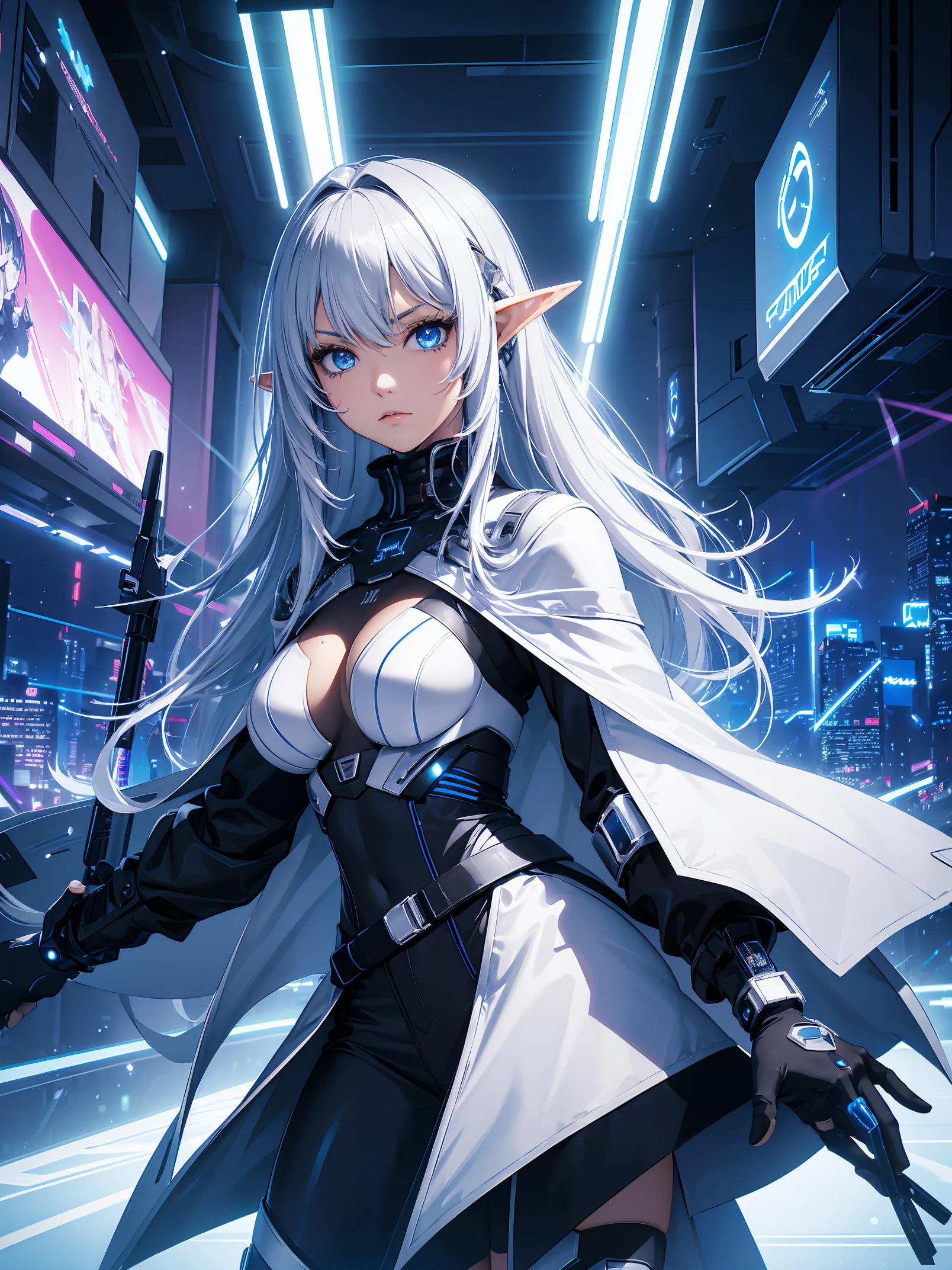 cyber punk, masterpeace, ultra detail, Most of the screen is Geminid meteor shower, a young elf with long silver hair and pointy ears holding a cyber punk tripod microphone stand look up at Geminid meteor shower, She is a very famous singer, She is wearing a long, flowing white cyber punk dress with a blue cyber punk cape. Her expression is serious and determined, a clear look, 
futuristic camera