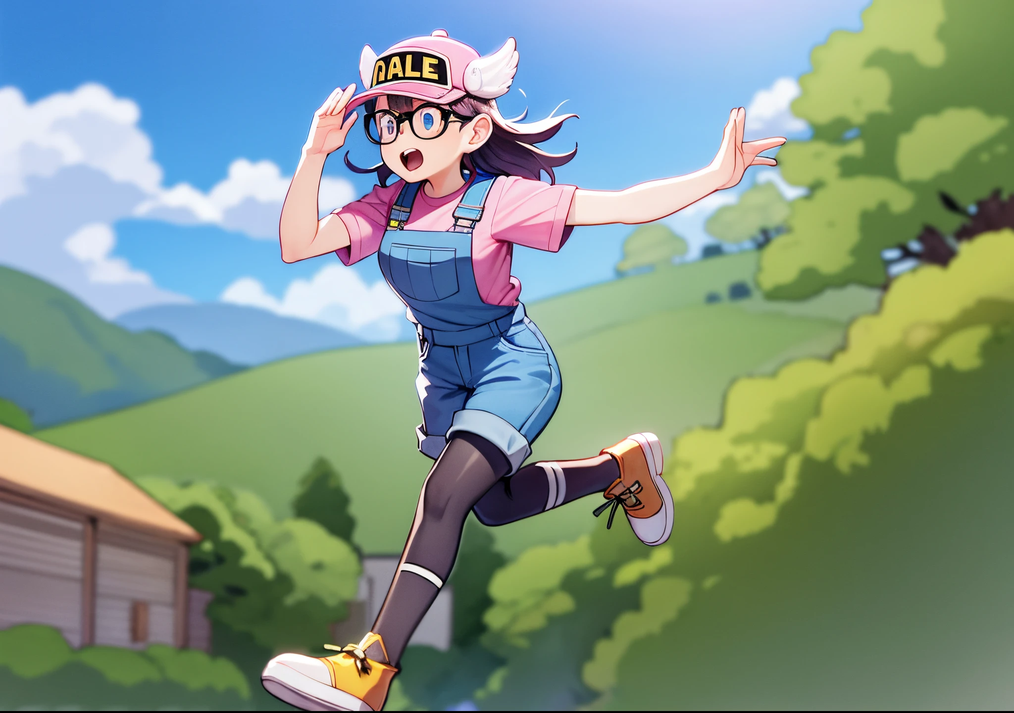 (Raw photo:1.2), (Photorealistic), Beautiful detailed girl, Very detailed eyes and face, Beautiful detailed eyes, Huge file size, High resolution, Very detailed, Best Quality, [masutepiece:1.6], Illustration, Very detailed, Fine detail, Best Quality, 8K Wallpaper, Movie Lighting, girl, Arale-chan has grown up、pink headwear, PINK SHIRT,Overall jeans, espadrilles, run with arms outstretched, Penguin Village, idyllic scenery, country road