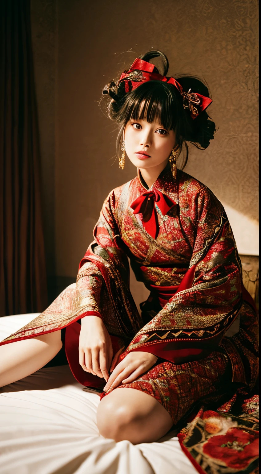 There is a woman sitting on the bed wearing a red ribbon., style of takato yamamoto, takato yamamoto aesthetic, utamaro kitagawa style, inspired by Itō Shinsui, yasunari ikenaga, by Takato Yamamoto, shinsui ito, Masami Kurumada&#39;s style, supervision: Shinsui Ito