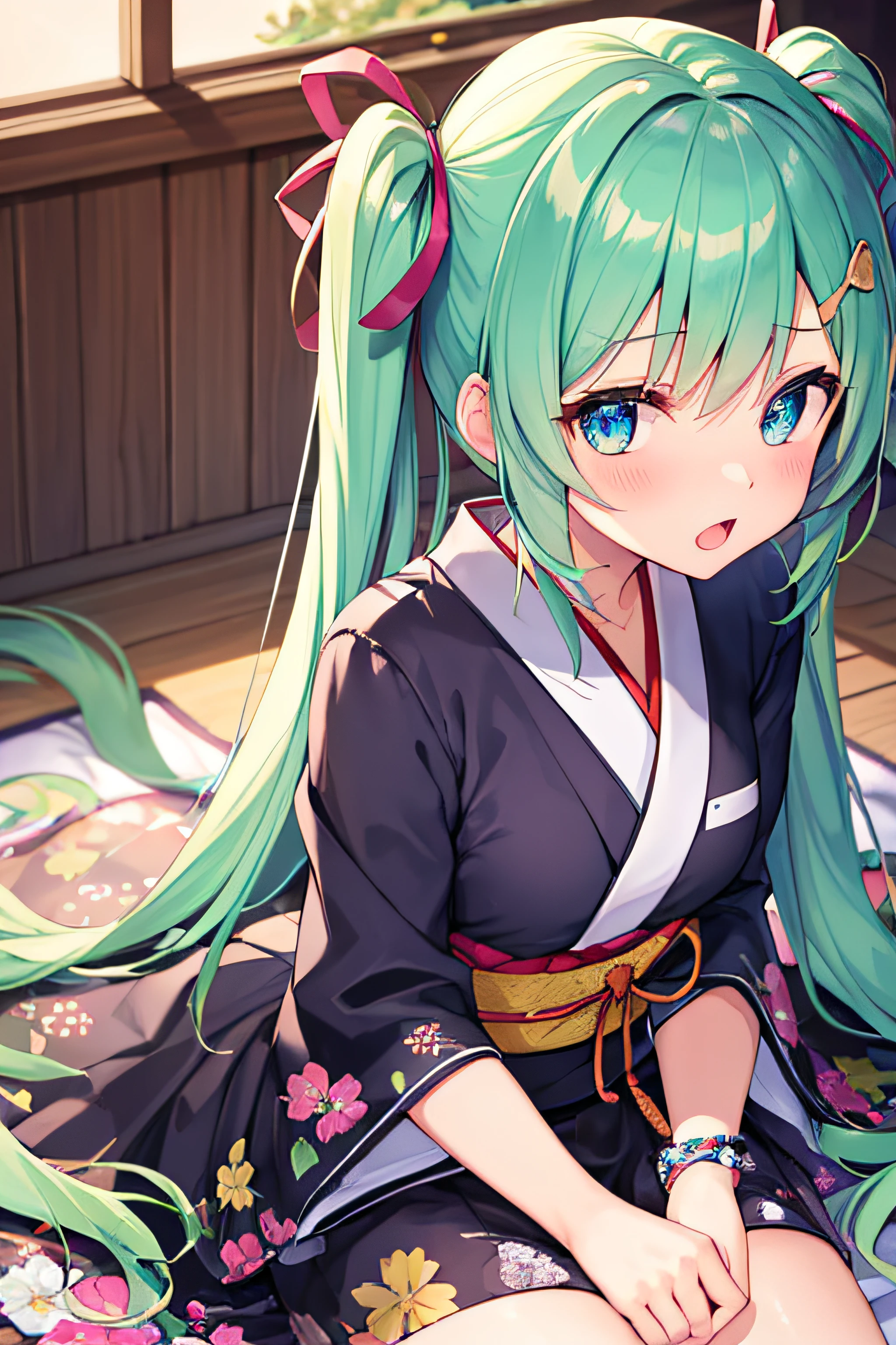 ​masterpiece、Top image quality、超A high resolution、miku hatsune、blue hairs、Twin-tailed、Blushing、is in estrus、mock、Open your mouth just a little、Short kimono、well-shaped thighs、kyoto、Japan、Night