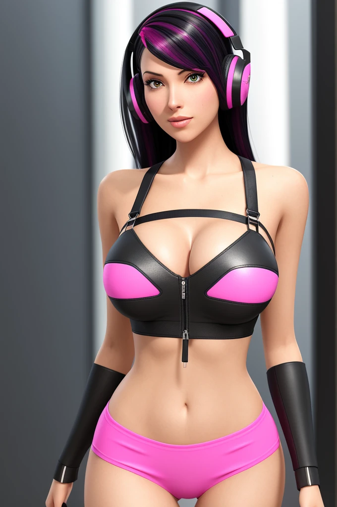 black-haired gamer girl with pink streaks leaning into the camera, photo from front above, black crop top with thin straps, large leather gamer headphones, large breasts, skintight black top:1.2, cleavage, looking at viewer, soft colors, cinematic lighting, perfect anatomy:1.2, round breasts:1.2, well-organized, neat:1.2, perfect proportions,