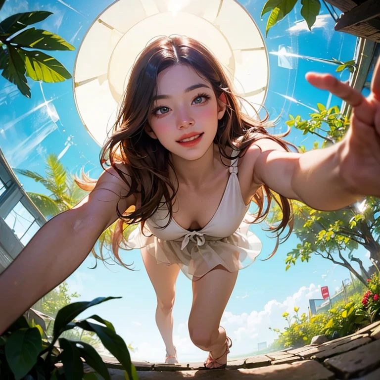 ( Masterpiece, best quality , shot from below , 75mm lens, fisheye:1.2 ), ((pov from below:1.4)), (( beautiful, luxurious, greenhouse dome:1.5, glass panels, plants of colours, vibrant , extreme high detailed, intricate details )). ( 1woman_/(kimtaeyeon/), narrow face, strong jaw, [plump cheeks], transparent glasses, dark hair with blonde highlights, loving smile, beautiful eyes, caring smile, wearing beach summer ootd ), ( cinematic lighting, backlit, soft light)