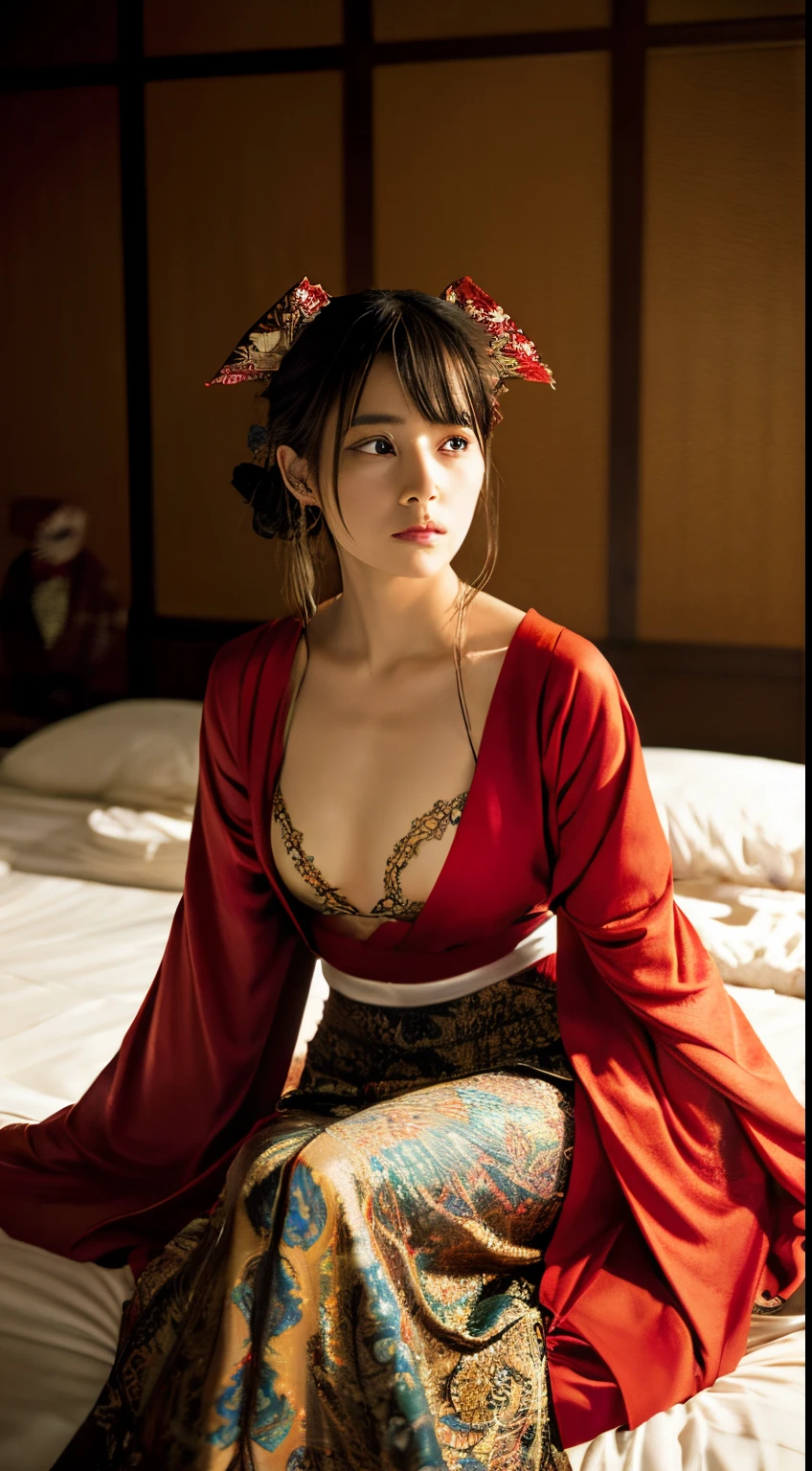 (animesque(2-dimensional))There is a woman sitting on the bed wearing a red ribbon., style of takato yamamoto, takato yamamoto aesthetic, utamaro kitagawa style, inspired by Itō Shinsui, yasunari ikenaga, by Takato Yamamoto, shinsui ito, Masami Kurumada's style, supervision: Shinsui Ito