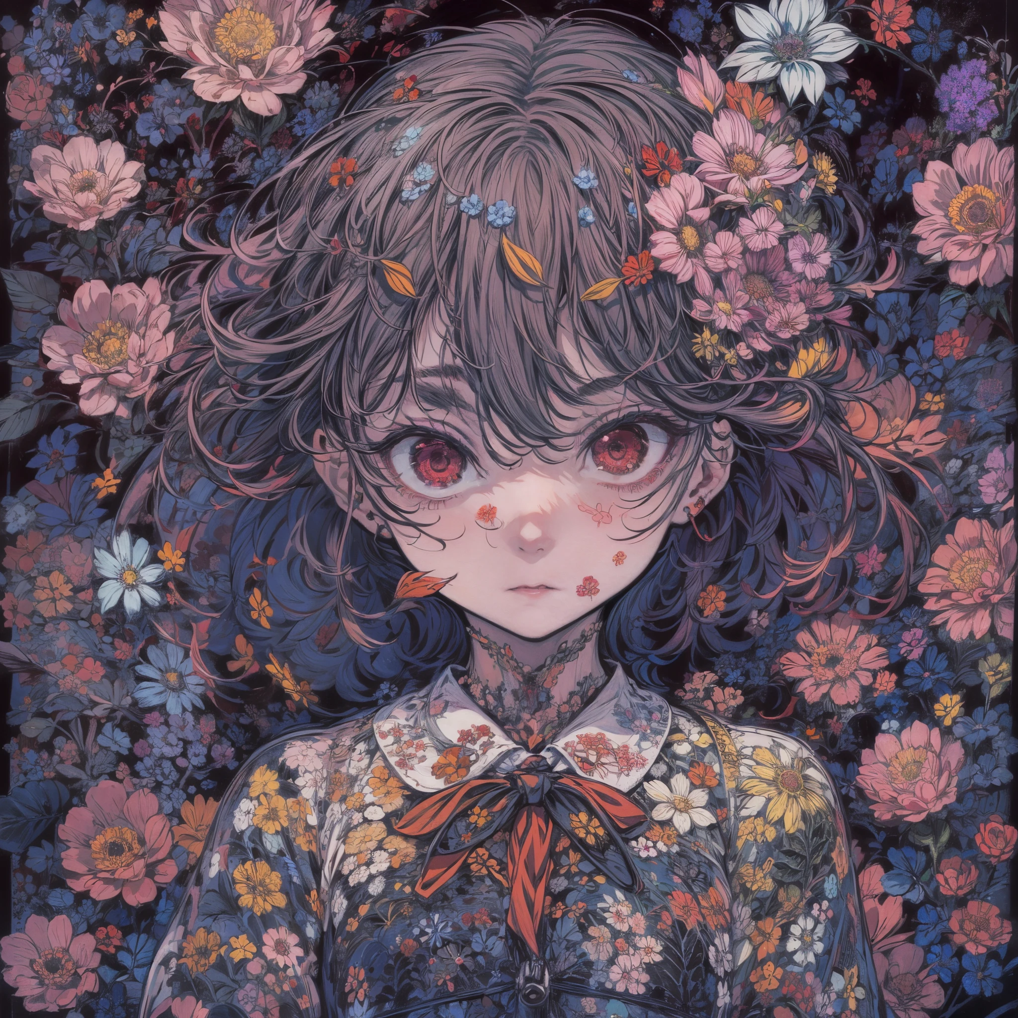 A Yandere girl portrayed with a blend of sweetness and psychosis, set against a complex background with tesselated flower patterns, highlighted in a dark, moody atmosphere.