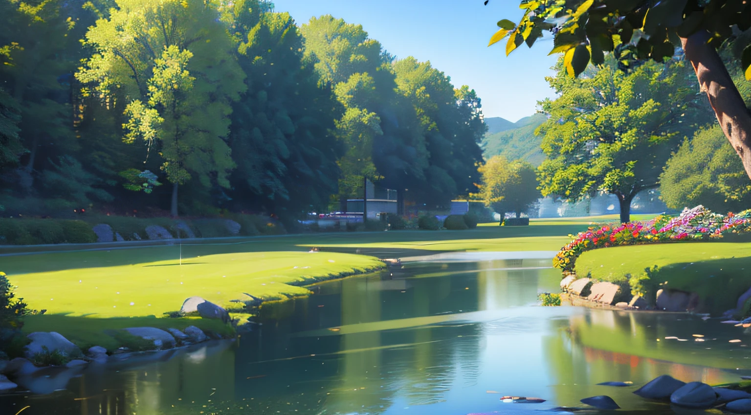 Very spacious sparkling lake，There are plants and teaching buildings across the lake
