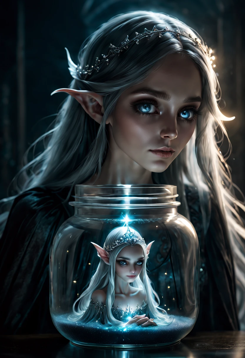 （Gothic genie in a jar），Crystal clear glass jar，Beautiful flowing hair floating in a jar，Subtle reflections and refractions in glass，gothic clothing，glowing light eyes，Pale complexion，ears of elf，Delicate headgear，flowing dresagia，whimsically，hyper realisitc，distinct texture，subtle sparkle，Contrast between darkness and light，dream-like，Ethereal beauty，A hint of danger?，(realistic,photorealistic:1.37),highres,masterpiece:1.2,ultra-detailed,best quality,4k,8k,ultra-fine painting,