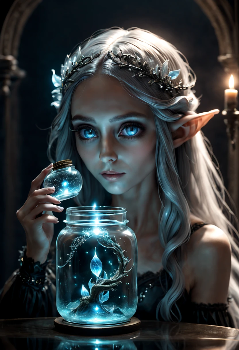 (Gothic genie in a jar),Crystal clear glass jar,Beautiful flowing hair floating in a jar,Subtle reflections and refractions in glass,gothic clothing,glowing light eyes,Pale complexion,ears of elf,Delicate headgear,flowing dresagia,whimsically,hyper realisitc,distinct texture,subtle sparkle,Contrast between darkness and light,dream-like,Ethereal beauty,A hint of danger?,(realistic,photorealistic:1.37),highres,masterpiece:1.2,ultra-detailed,best quality,4k,8k,ultra-fine painting,
