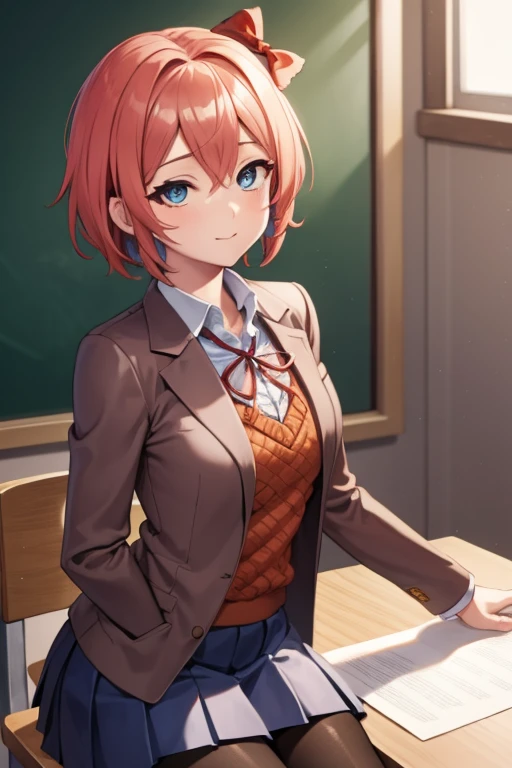 ddlcsayori, ddlcsayori, blue eyes, hair between eyes, hair bow, hair ornament, pink hair, ((red bow:1.4)), short hair,
BREAK blue skirt, pleated skirt, school uniform, skirt, brown jacket, jacket,
BREAK looking at viewer,
BREAK indoors, classroom,
BREAK (masterpiece:1.2), best quality, high resolution, unity 8k wallpaper, (illustration:0.8), (beautiful detailed eyes:1.6), extremely detailed face, perfect lighting, extremely detailed CG, (perfect hands, perfect anatomy), ((sitting on table1.4)), ((black pantyhose:1.4))