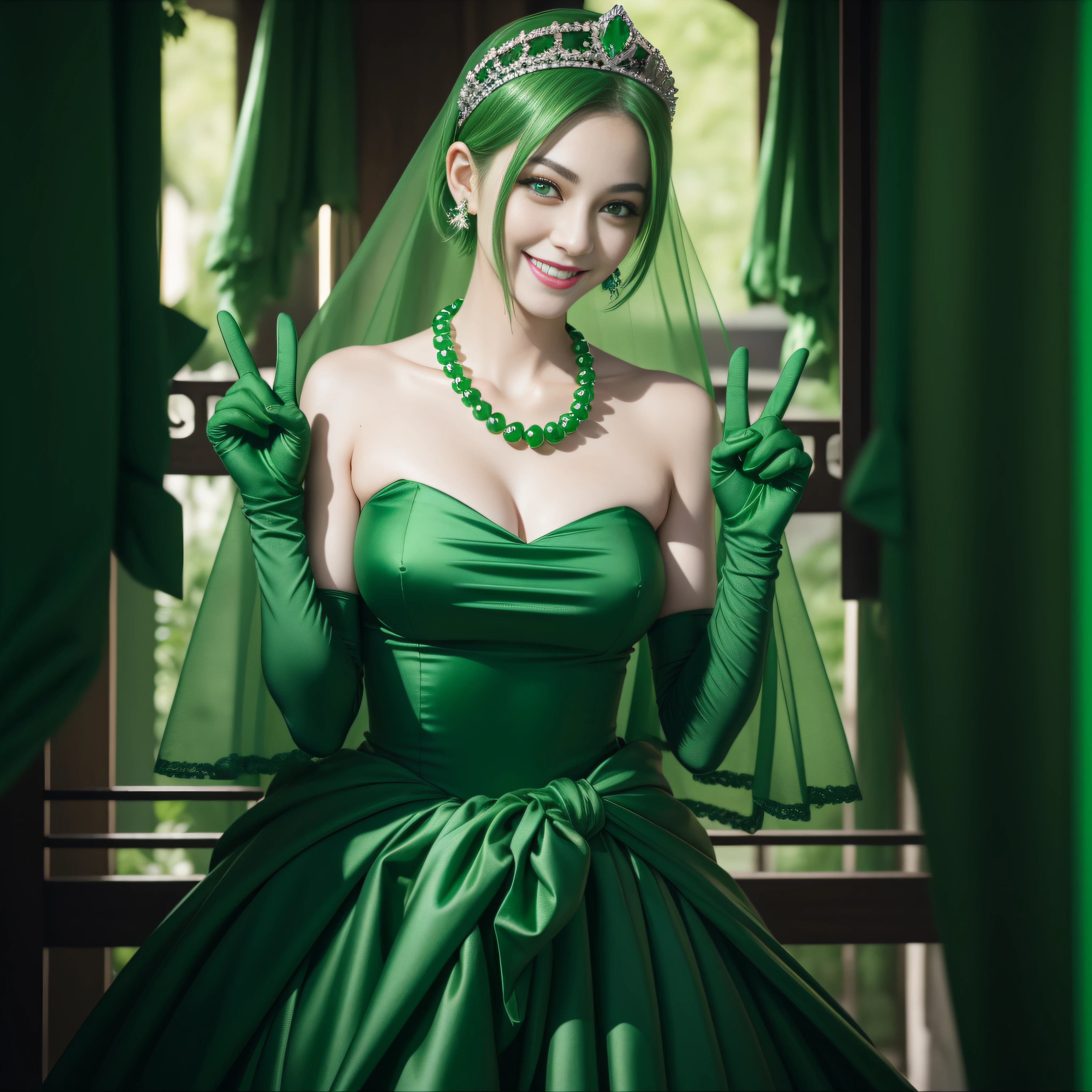 emerald tiara, Green Pearl Necklace, Boyish very short green hair, lipsticks, Japan woman smiling, very short short hair, big breasts beautiful, Green eyes, Long green gloves made of satin material, Green eyes, v sign,V-sign with both hands, Emerald Earrings, Green hair
