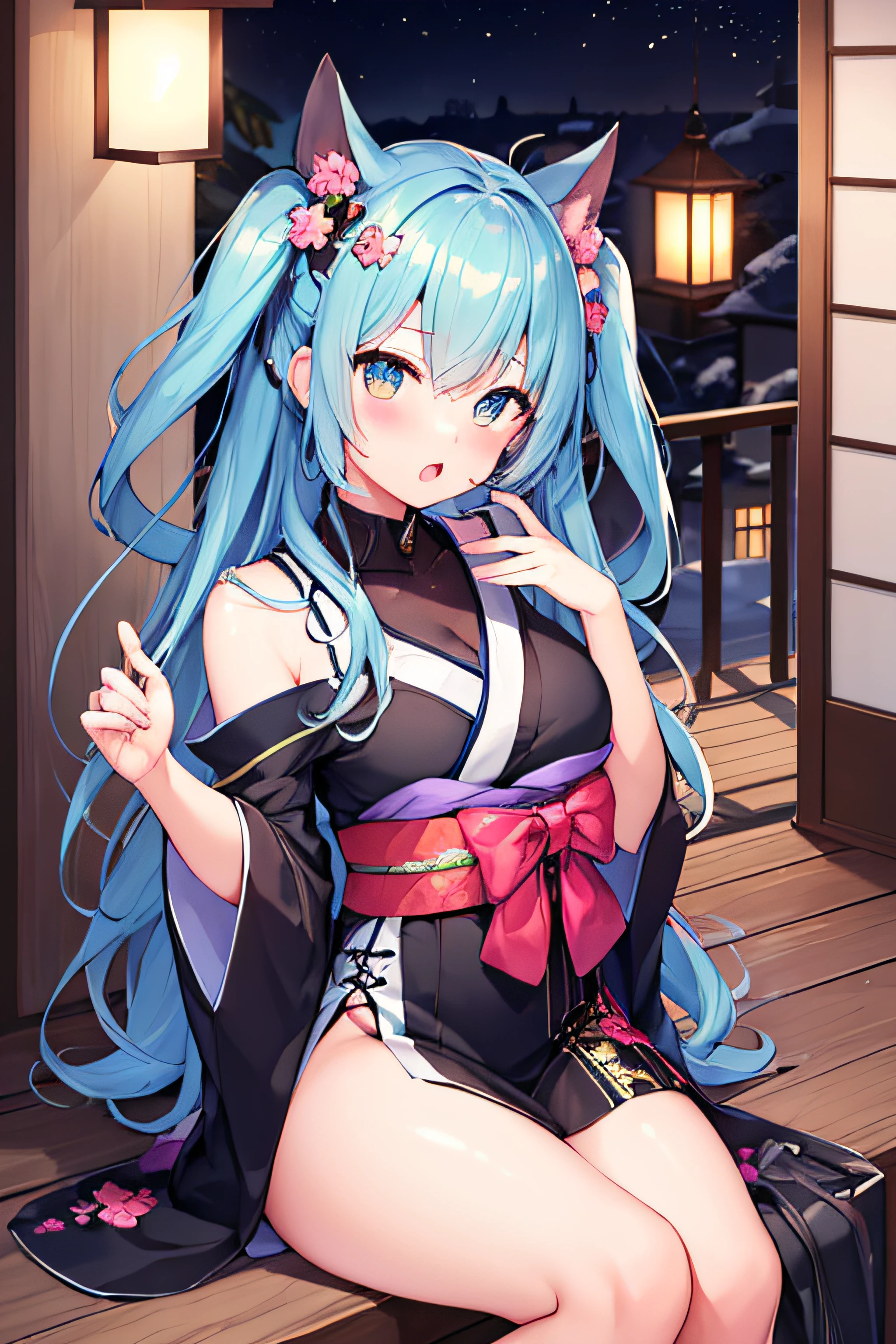 ​masterpiece、Top image quality、超A high resolution、miku hatsune、blue hairs、Twin-tailed、Blushing、is in estrus、mock、Open your mouth just a little、Short kimono、well-shaped thighs、kyoto、Japan、Night