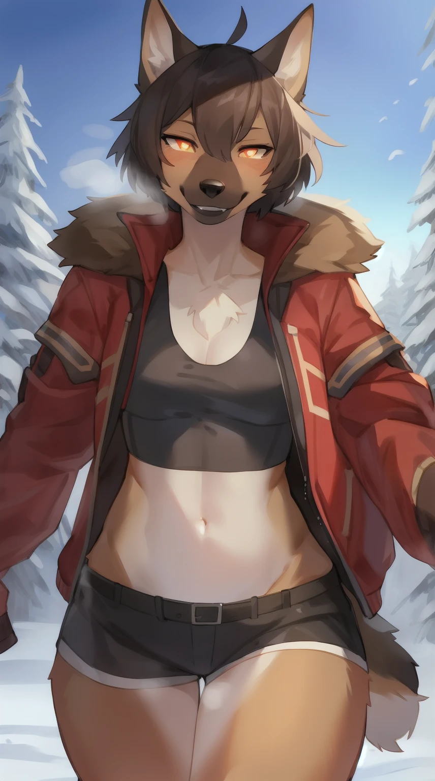 独奏, (A girl:1.2), , eye liner, lips, Short shorts, long-sleeved jacket, Adventure Clothing, DND Style, Author: Bebebebebe, Belgian Shepherd Groenendael, black fur color, Fluffy, Black lip gloss, mid length hair, small waist, wide hips, Slim, the perfect body, The dominant point of view, predatory smile, steam from the body, Winter is coming, warrior, Burning eyes, self-assurance, pride