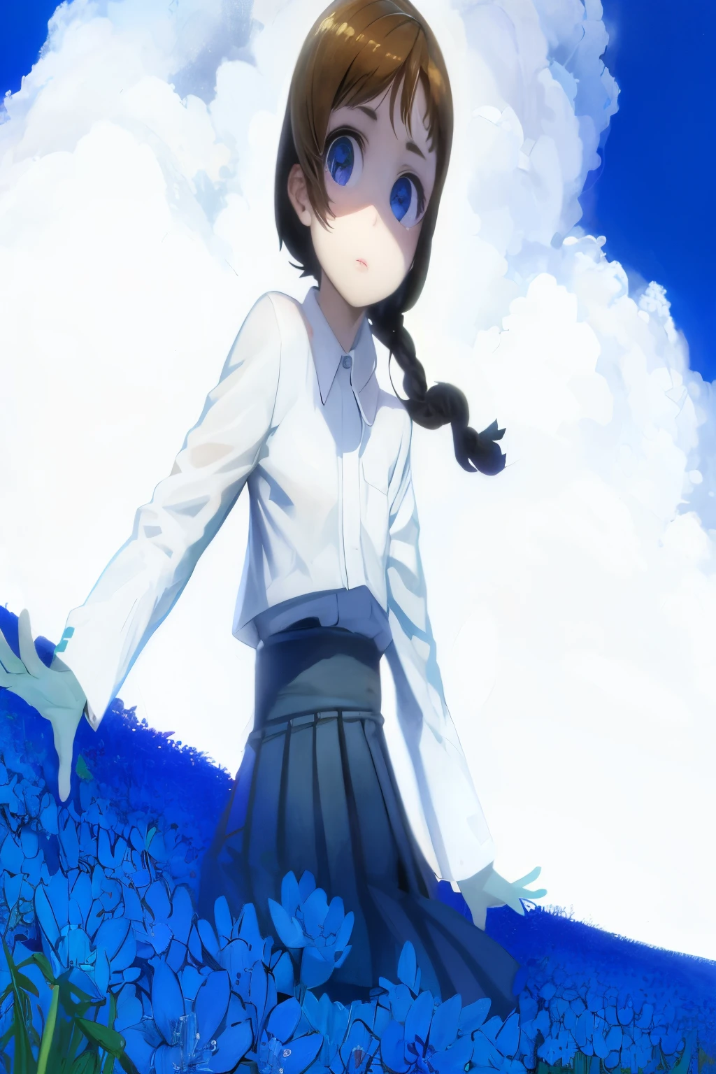 Chica anime en un campo de flores con un cielo azul en el fondo, Lain Iwakura, Iwakura Lain, protagonista femenina 👀 :8, Anime Moe Artstyle, Primer plano de Lain Iwakura, Otro, Shinkai Makoto, Hecho con Anime Painter Studio, inspirado por Josetsu, Campo de flores azules, girl in a flower field