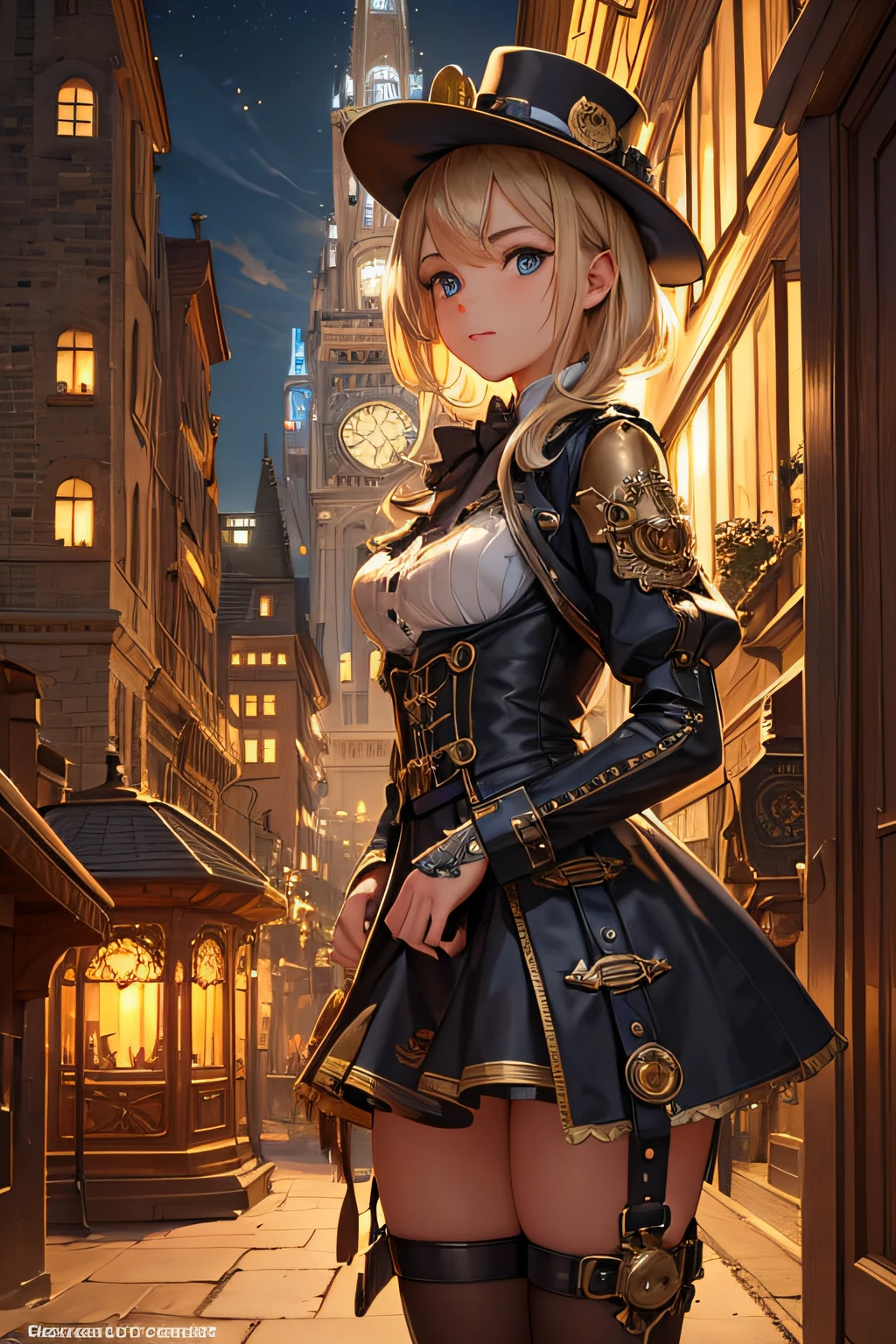 Create an illustration depicting a little girl overlooking a steampunk cityscape. The girl has dark skin, short blonde hair and shiny blue eyes. The girl should be standing in a vantage point, Rooftops, bridges, etc., Look down on the intricately designed steampunk city below. The cityscape should be meticulous and detailed, Showcase the intricacies of gears, pipes, And glamorous architecture. Her expression was、It should be one of the surprises and curiosities when observing a bustling city full of mechanical wonders, blimp, And glamorous architecture. Surround the scene with a warm atmosphere, Golden light to enhance the atmosphere, Emphasize brass and copper tones of steampunk elements. Capturing the adventurous spirit and charm in the eyes of a girl, Reflecting the charm of the fantastic steampunk world around her. The whole illustration should have a nostalgic vibe, Girl smiles. highly detailed, vibrant appearance, creative behavior, extremly detailed, imaginative, sensual, spontaneous, highest quality, skin texture, intricate details, (cinematic lighting), RAW photo, 8k, masterpiece,best quality,ultra-detailed,very detailed illustrations,extremely detailed,intricate details,highres,super complex details,extremely detailed 8k cg wallpaper,