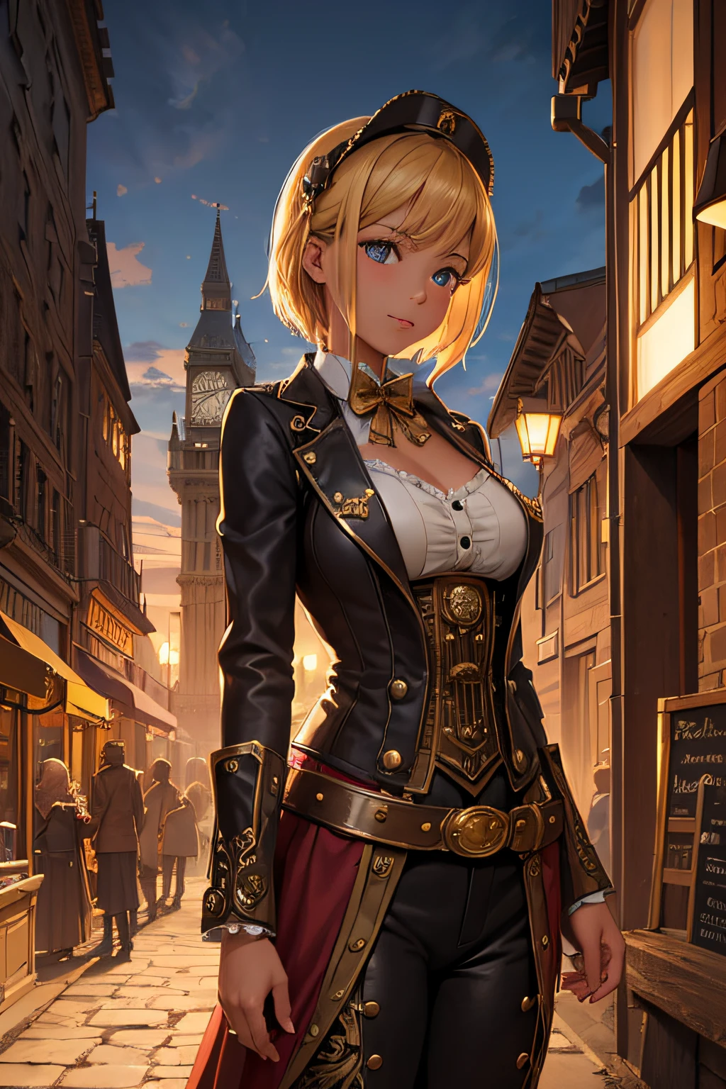 Create an illustration depicting a girl overlooking a steampunk cityscape. The girl has dark skin, short blonde hair and shiny blue eyes. The girl should be standing in a vantage point, Rooftops, bridges, etc., Look down on the intricately designed steampunk city below. The cityscape should be meticulous and detailed, Showcase the intricacies of gears, pipes, And glamorous architecture. Her expression was、It should be one of the surprises and curiosities when observing a bustling city full of mechanical wonders, blimp, And glamorous architecture. Surround the scene with a warm atmosphere, Golden light to enhance the atmosphere, Emphasize brass and copper tones of steampunk elements. Capturing the adventurous spirit and charm in the eyes of a girl, Reflecting the charm of the fantastic steampunk world around her. The whole illustration should have a nostalgic vibe, Girl smiles. highly detailed, vibrant appearance, creative behavior, extremly detailed, imaginative, sensual, spontaneous, highest quality, skin texture, intricate details, (cinematic lighting), RAW photo, 8k, masterpiece,best quality,ultra-detailed,very detailed illustrations,extremely detailed,intricate details,highres,super complex details,extremely detailed 8k cg wallpaper,