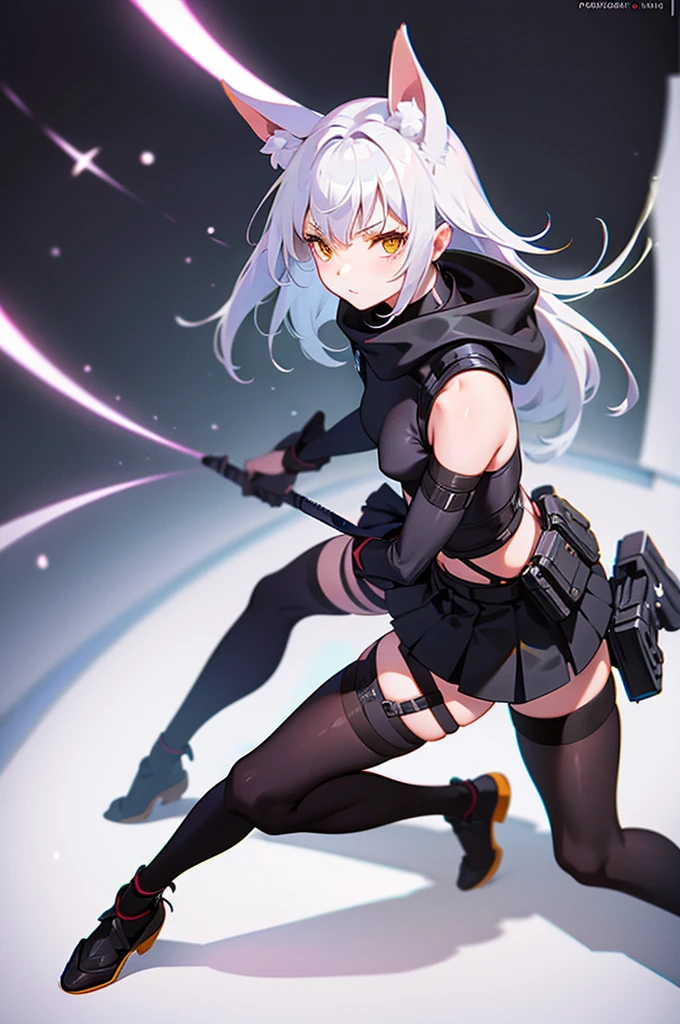 silver haired fox girl, with 2 tails, ninja, short skirt halter top black, armor forearm guards, thigh straps, belts with pouches, ninjato attached to center back at hipline. action scene