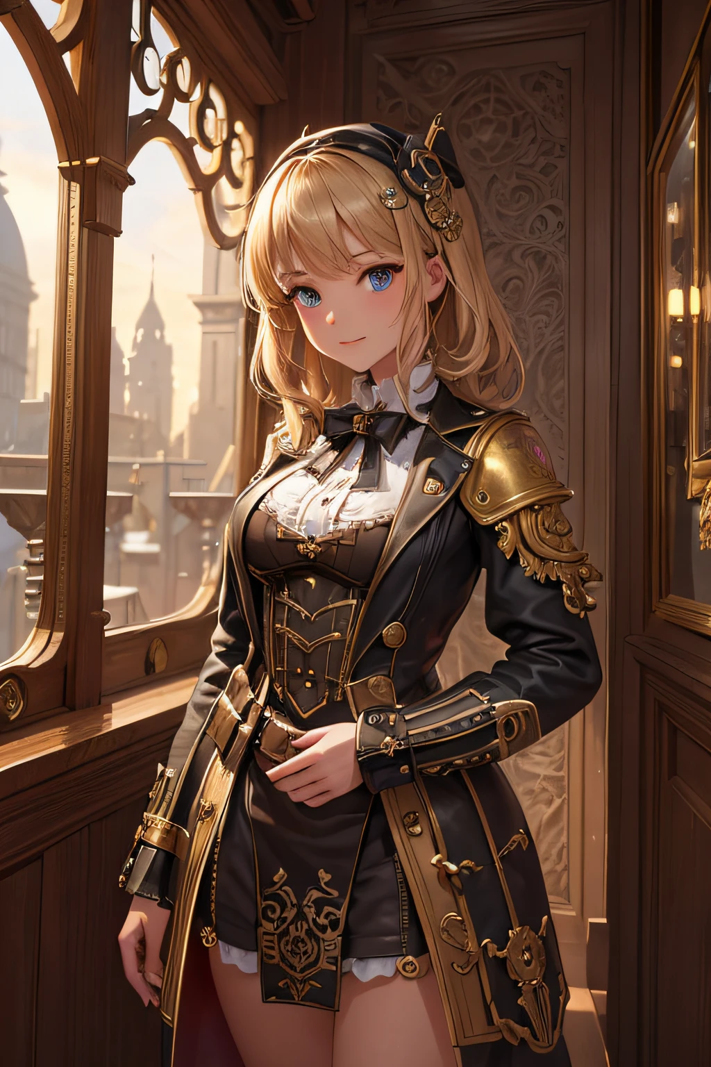 Create an illustration depicting a girl overlooking a steampunk cityscape. The girl has dark skin, short blonde hair and shiny blue eyes. The girl should be standing in a vantage point, Rooftops, bridges, etc., Look down on the intricately designed steampunk city below. The cityscape should be meticulous and detailed, Showcase the intricacies of gears, pipes, And glamorous architecture. Her expression was、It should be one of the surprises and curiosities when observing a bustling city full of mechanical wonders, blimp, And glamorous architecture. Surround the scene with a warm atmosphere, Golden light to enhance the atmosphere, Emphasize brass and copper tones of steampunk elements. Capturing the adventurous spirit and charm in the eyes of a girl, Reflecting the charm of the fantastic steampunk world around her. The whole illustration should have a nostalgic vibe, Girl smiles. highly detailed, vibrant appearance, creative behavior, extremly detailed, imaginative, sensual, spontaneous, highest quality, skin texture, intricate details, (cinematic lighting), RAW photo, 8k, masterpiece,best quality,ultra-detailed,very detailed illustrations,extremely detailed,intricate details,highres,super complex details,extremely detailed 8k cg wallpaper,