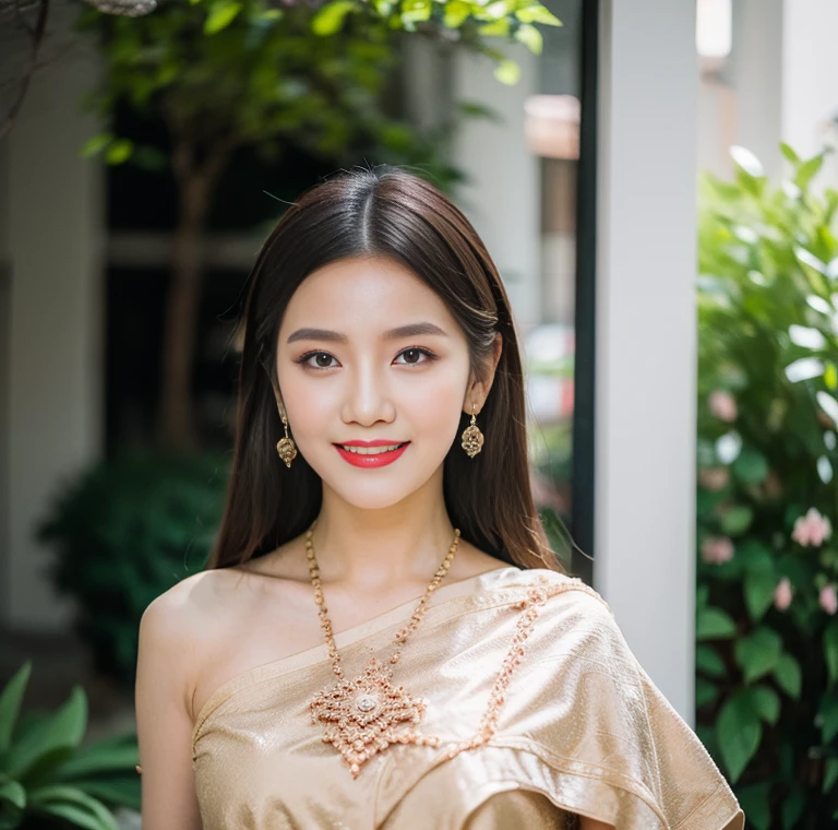 Detailed faces, Clear Face, beautiful girl, Asian makeup, Red lips, smile, brunette hair, diadem, half body portrait, Big breasts, Thai angel costume, Vintage Thai style, antique, sexy medium dress, Red dress, HD, random pose, Evening Light, Flower Garden Background.