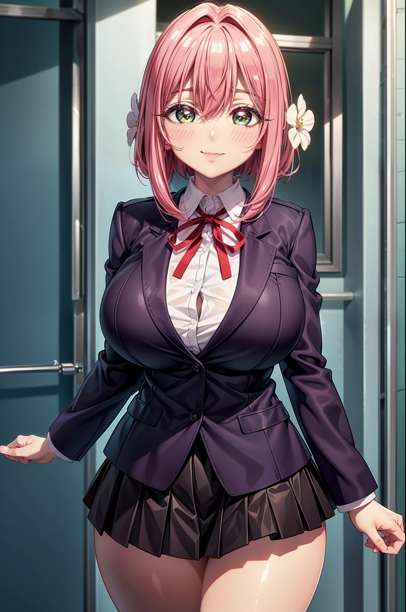 best quality, masterpiece, extremely detailed CG, extremely detailed 8K wallpaper, standing HDR ,white panties, arm under breasts, 1girl,solo,hair flower, pink hair, hair ornament ,bangs ,hair between eyes, green eyes, bright pupils, hair intakes, short hair, sidelocks, white flower, school uniform, collared shirt, red ribbon, neck ribbon, white shirt, purple jacket, huge breasts, shirt ,long sleeves, pleated skirt, miniskirt, purple skirt ,thick thighs,, Exquisite visuals, high-definition, masterpiece, best quality,, 18yo,Young female ,Beautiful Fingers, Beautiful long legs, Beautiful body, Beautiful Nose, Beautiful character design, perfect eyes, perfect face, expressive eyes, looking at viewer, kind and loving smile, official art, extremely detailed CG unity 8k wallpaper, perfect lighting, Colorful, Bright_Front_face_Lighting, shiny skin, anime style, blushing, hands at side