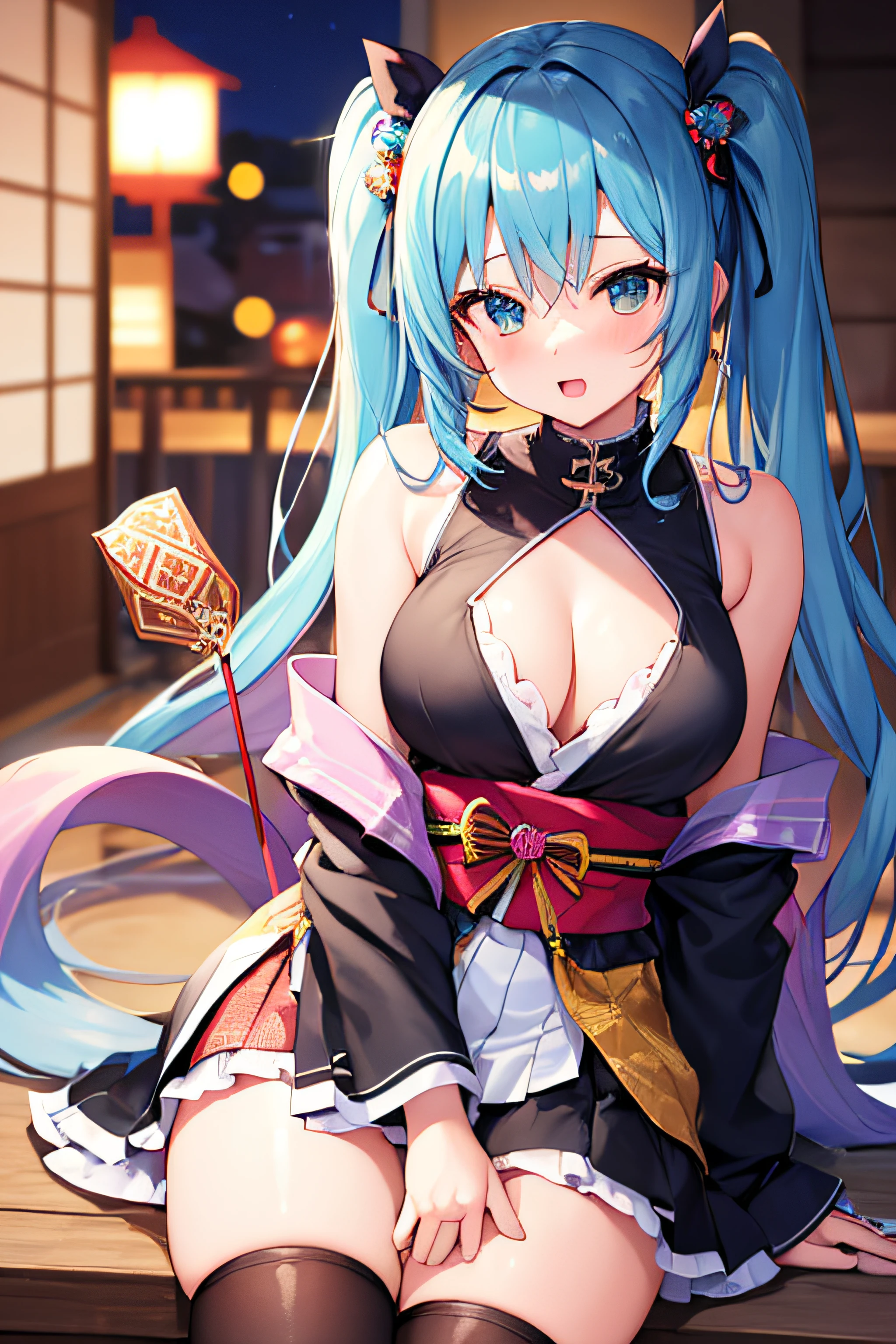 masterpiece、Top image quality、超A high resolution、miku hatsune、blue hairs、Twin-tailed、Blushing、is in estrus、mock、Open your mouth just a little、Short kimono、well-shaped thighs、kyoto、Japan、Night