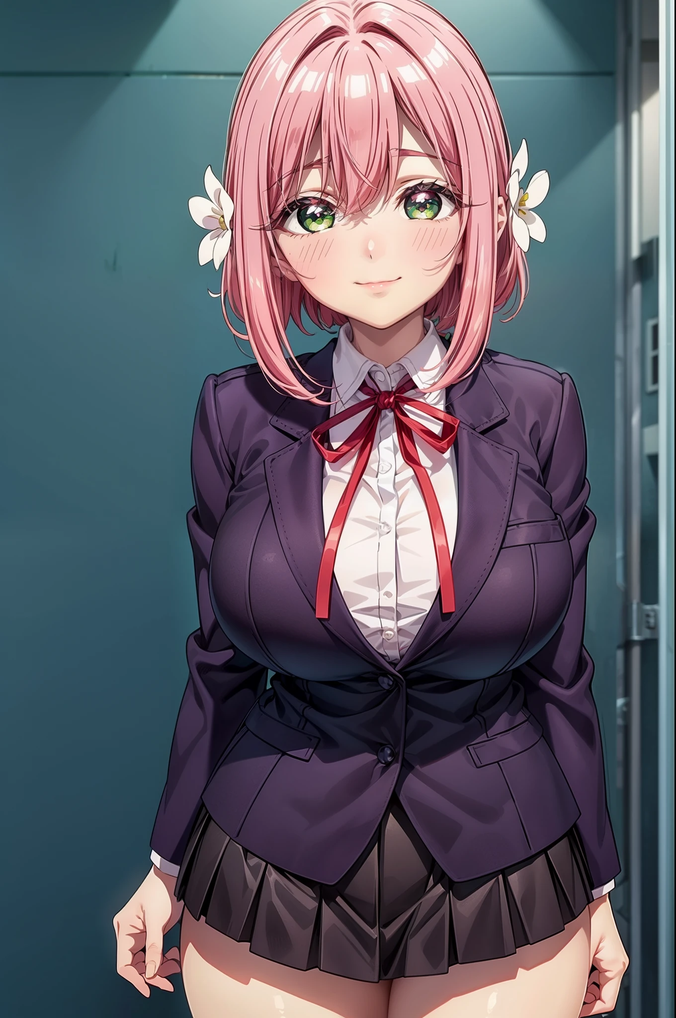 best quality, masterpiece, extremely detailed CG, extremely detailed 8K wallpaper, standing HDR ,white panties, arm under breasts, 1girl,solo,hair flower, pink hair, hair ornament ,bangs ,hair between eyes, green eyes, bright pupils, hair intakes, short hair, sidelocks, white flower, school uniform, collared shirt, red ribbon, neck ribbon, white shirt, purple jacket, huge breasts, shirt ,long sleeves, pleated skirt, miniskirt, purple skirt ,thick thighs,, Exquisite visuals, high-definition, masterpiece, best quality,, 18yo,Young female ,Beautiful Fingers, Beautiful long legs, Beautiful body, Beautiful Nose, Beautiful character design, perfect eyes, perfect face, expressive eyes, looking at viewer, kind and loving smile, official art, extremely detailed CG unity 8k wallpaper, perfect lighting, Colorful, Bright_Front_face_Lighting, shiny skin, anime style, blushing, hands at side