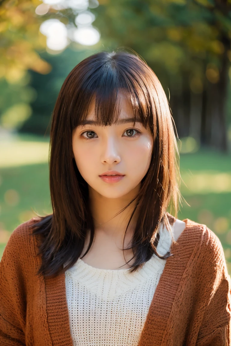 Falling leaves everywhere、beautiful a girl、15yo student、Japan beautiful girl、Short bob hair、gloves、jumpping、serious facial expression、