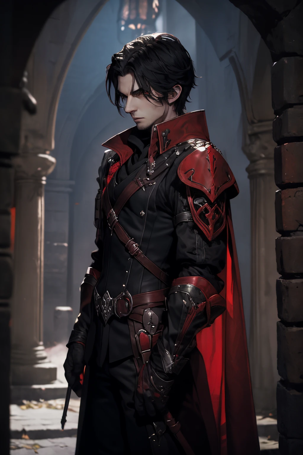 Un dhampir blood hunter homme solennel se tient prêt pour la chasse nocturne. Imaginez un personnage avec des traits vampiriques distincts, vêtu d'une armure sombre noir et rouge et tenant deux épées rouge sang