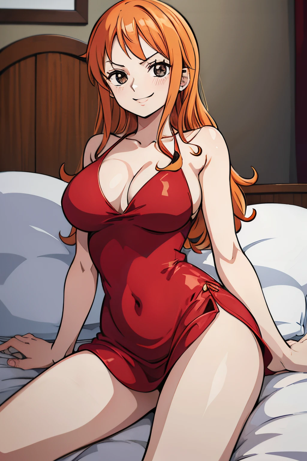 NAMI DE UMA PECA , DE VESTIDO CURTO E COLADO VERMELHO , CORPO SENSUAL , COM LEVE SORRIZO ATRAENTE , DEITADA UMA CAMA COM A NADEGAS AMOSTRA, DE COSTA DEITADA , ROSTO ESTILO ANIME ONEPIECE , COM AS MAOS NOS SEIOS , DE 4 .