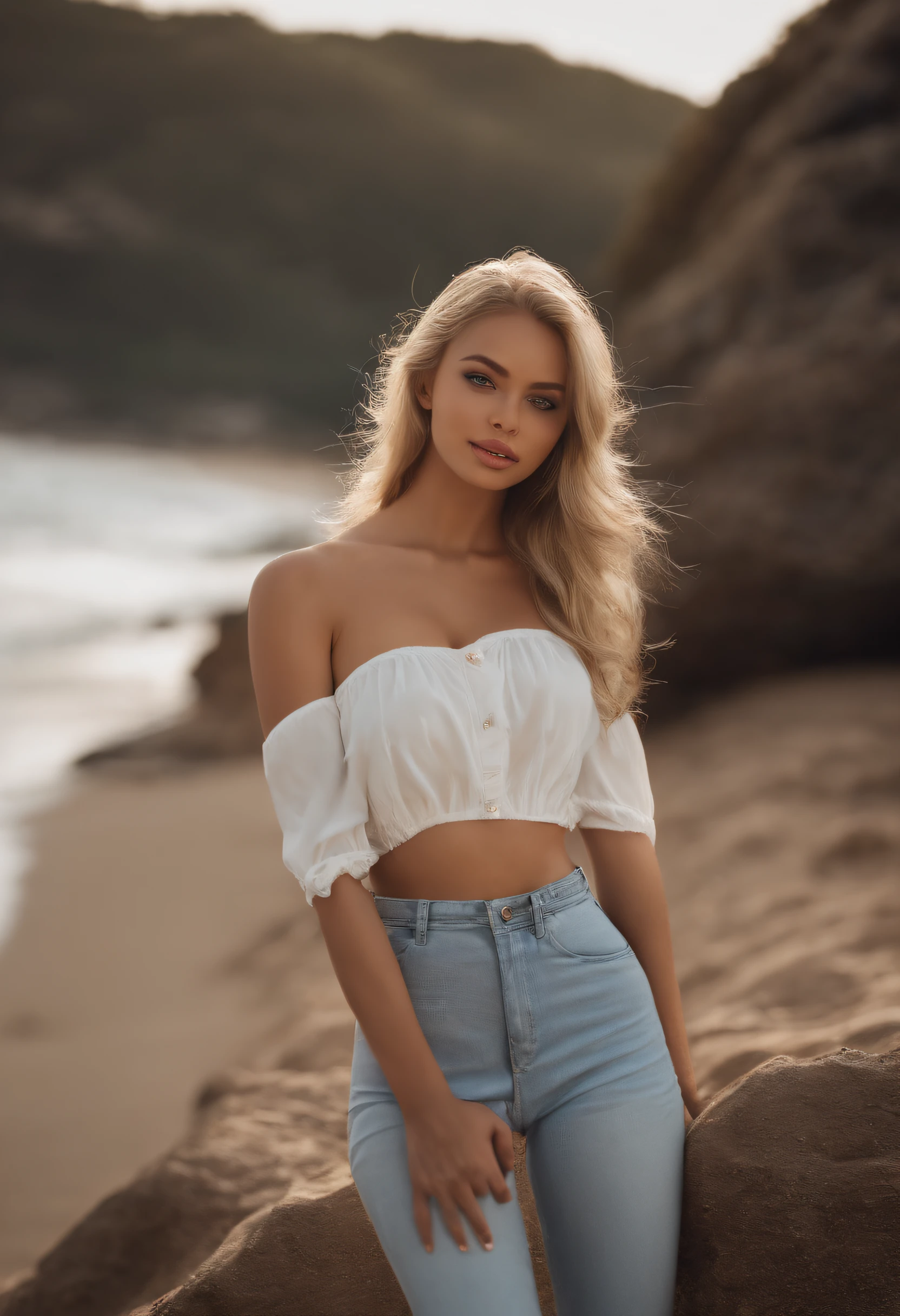 Oman mit passender Bluse und Jeans, Sexy girl with brown eyes, portrait sophie mudd, Portrait de Corinna Kopf, blonde hair and large eyes, ohne Make-up, Natural makeup, Blick aufs Meer, Gesicht mit Artgram, dezentes Make-up, Great full body photo, leicht verdreht, am Strand, big boobs, blond, Latein