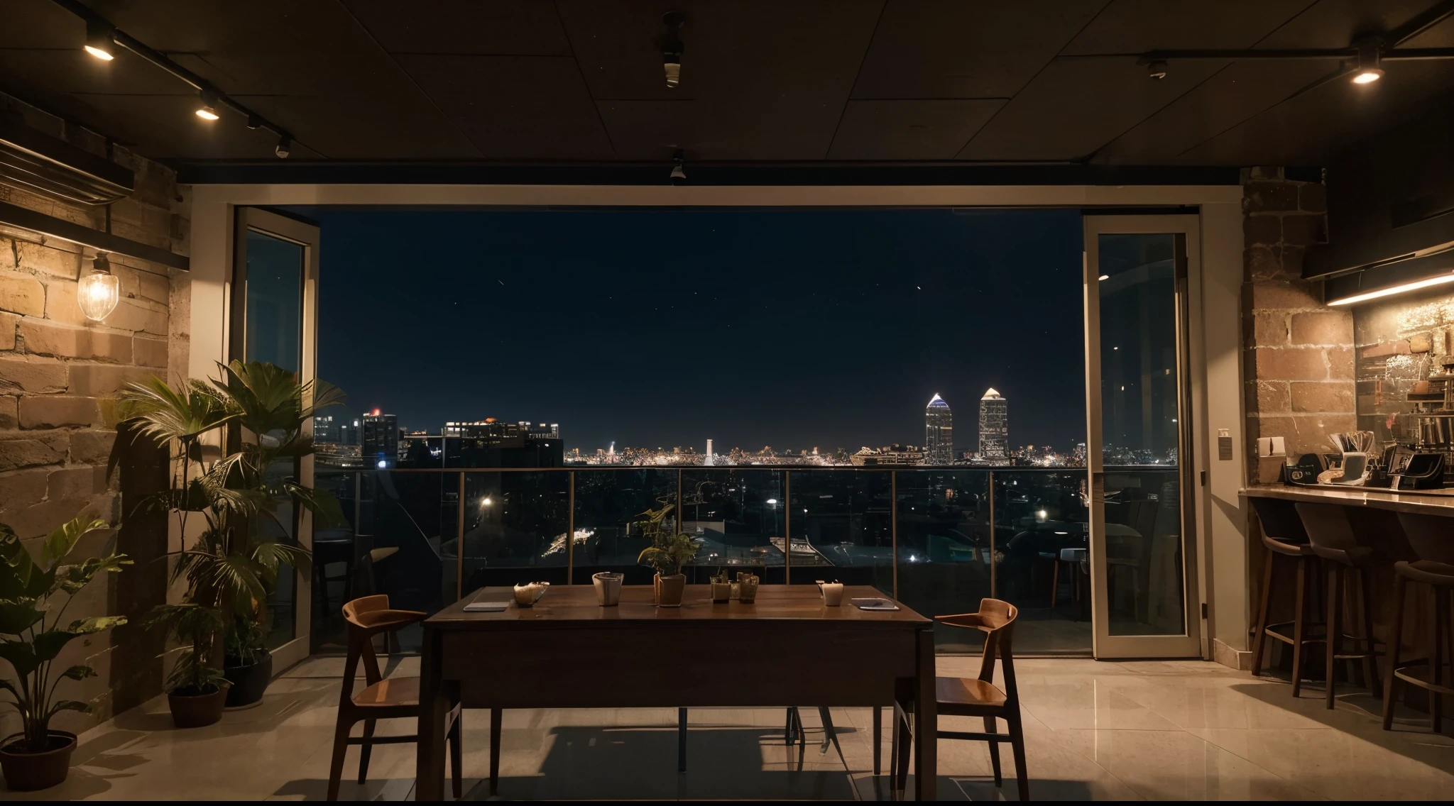 Ambiente noturno, Imagem realista de uma cafeteria a noite, de noite, na cidade, there is a table with cups and potted plants and chairs in a room with a large window, xicaras em cima das mesas, um tiro largo e cheio, cafe interior at night, small hipster cafe at night, Directed by: Brigette Barrager, Directed by: Matt Cavotta, Imagem incrivelmente composta, tiro largo detalhado, taken in the early 2020s, por Justin Sweet, Luz natural suave a noite, Directed by: Mike Bierek, tiro frontal