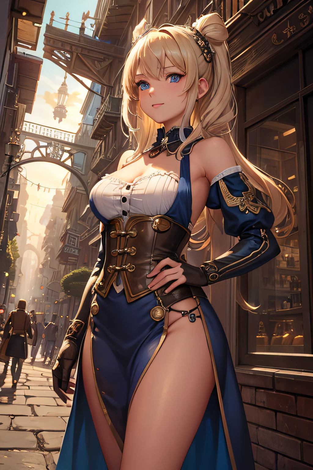 Create an illustration depicting a little girl overlooking a steampunk cityscape. The girl has dark skin, short blonde hair and shiny blue eyes. The girl should be standing in a vantage point, Rooftops, bridges, etc., Look down on the intricately designed steampunk city below. The cityscape should be meticulous and detailed, Showcase the intricacies of gears, pipes, And glamorous architecture. Her expression was、It should be one of the surprises and curiosities when observing a bustling city full of mechanical wonders, blimp, And glamorous architecture. Surround the scene with a warm atmosphere, Golden light to enhance the atmosphere, Emphasize brass and copper tones of steampunk elements. Capturing the adventurous spirit and charm in the eyes of a girl, Reflecting the charm of the fantastic steampunk world around her. The whole illustration should have a nostalgic vibe, Girl smiles. highly detailed, vibrant appearance, creative behavior, extremly detailed, imaginative, sensual, spontaneous, highest quality, skin texture, intricate details, (cinematic lighting), RAW photo, 8k, masterpiece,best quality,ultra-detailed,very detailed illustrations,extremely detailed,intricate details,highres,super complex details,extremely detailed 8k cg wallpaper,