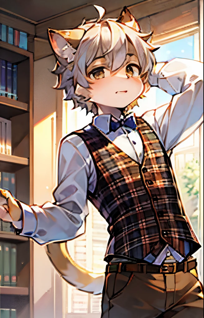 shaggy、male people、Ultra-clear 4K fanart、Siamese cat、Brown plaid vest、Gray long sleeves、light colors hair、Brown trousers,libraryai,kawa