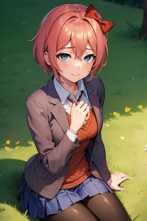 ddlcsayori, ddlcsayori, blue eyes, hair between eyes, hair bow, hair ornament, pink hair, ((red bow:1.4)), short hair,
BREAK blue skirt, pleated skirt, school uniform, skirt, brown jacket, jacket,
BREAK looking at viewer,
BREAK playground background, outdoors,
BREAK (masterpiece:1.2), best quality, high resolution, unity 8k wallpaper, (illustration:0.8), (beautiful detailed eyes:1.6), extremely detailed face, perfect lighting, extremely detailed CG, (perfect hands, perfect anatomy), ((sitting on grass:1.4)), ((black pantyhose:1.4)) ahg, 
rolling eyes, tongue