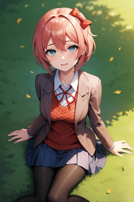 ddlcsayori, ddlcsayori, blue eyes, hair between eyes, hair bow, hair ornament, pink hair, ((red bow:1.4)), short hair,
BREAK blue skirt, pleated skirt, school uniform, skirt, brown jacket, jacket,
BREAK looking at viewer,
BREAK playground background, outdoors,
BREAK (masterpiece:1.2), best quality, high resolution, unity 8k wallpaper, (illustration:0.8), (beautiful detailed eyes:1.6), extremely detailed face, perfect lighting, extremely detailed CG, (perfect hands, perfect anatomy), ((sitting on grass:1.4)), ((black pantyhose:1.4)) ahg, 
rolling eyes, tongue