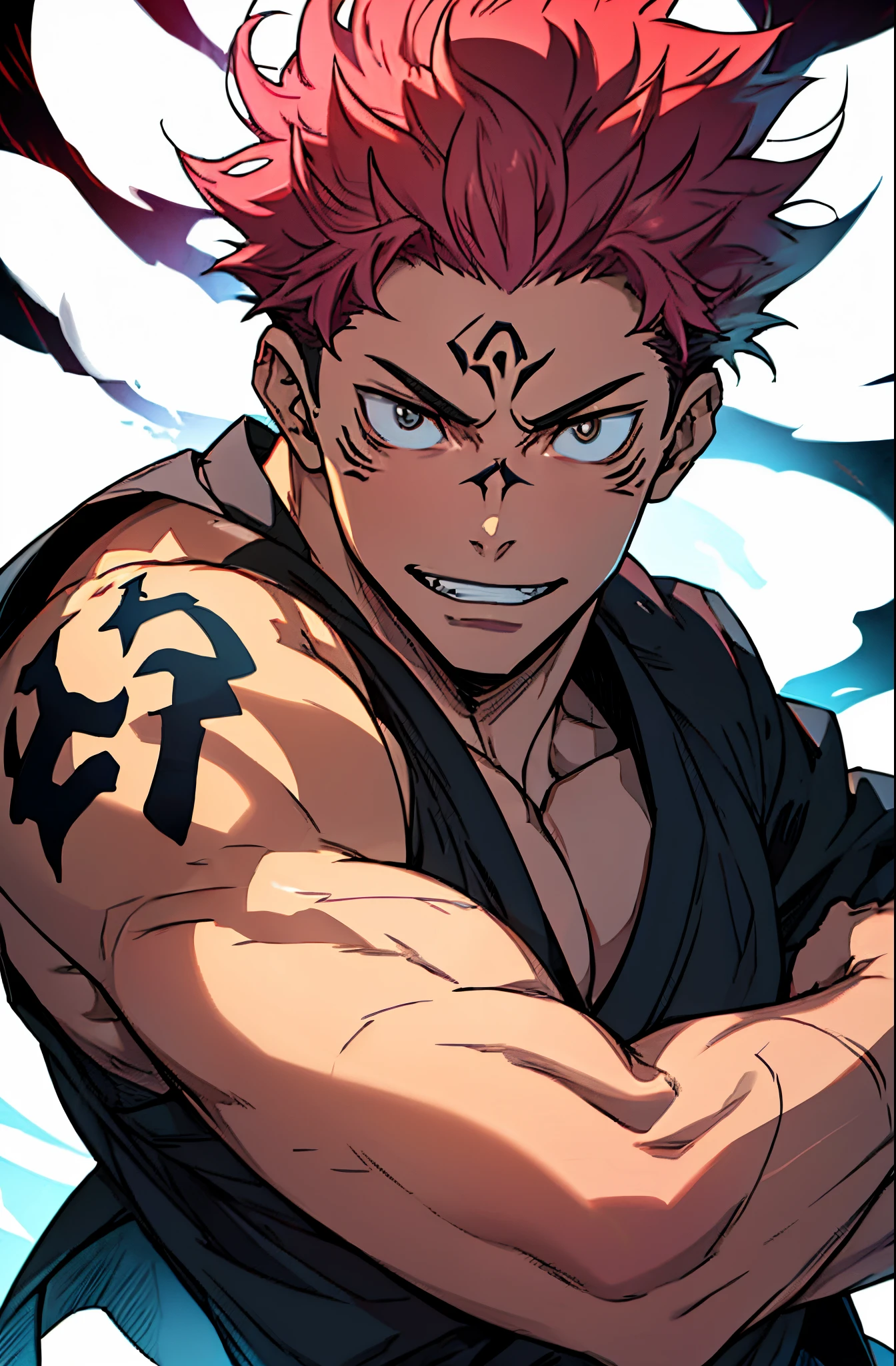 (obra prima, melhor qualidade:1.2) homem, um ******, solo, 4k, alta resolução, rosto detalhado, pugilista, premiado, 8k, yuuji itadori (jujutsu kaisen), anime, jujutsu kaisen, tatto on his face, ryoumen sukuna tatto, sukuna jujutsu kaisen