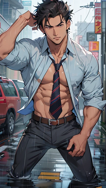 Anime character wearing shirt and tie posing in the rain, (SFW) Seguro para o trabalho, anime handsome man, commission for high resolution, handsome anime pose, Handsome guy in the art of slaying demons, muscular male hero, heroic masculine pose, Jigachade is muscular, Wear a shirt and tie, detailed digital anime art, Medium shot of a handsome guy