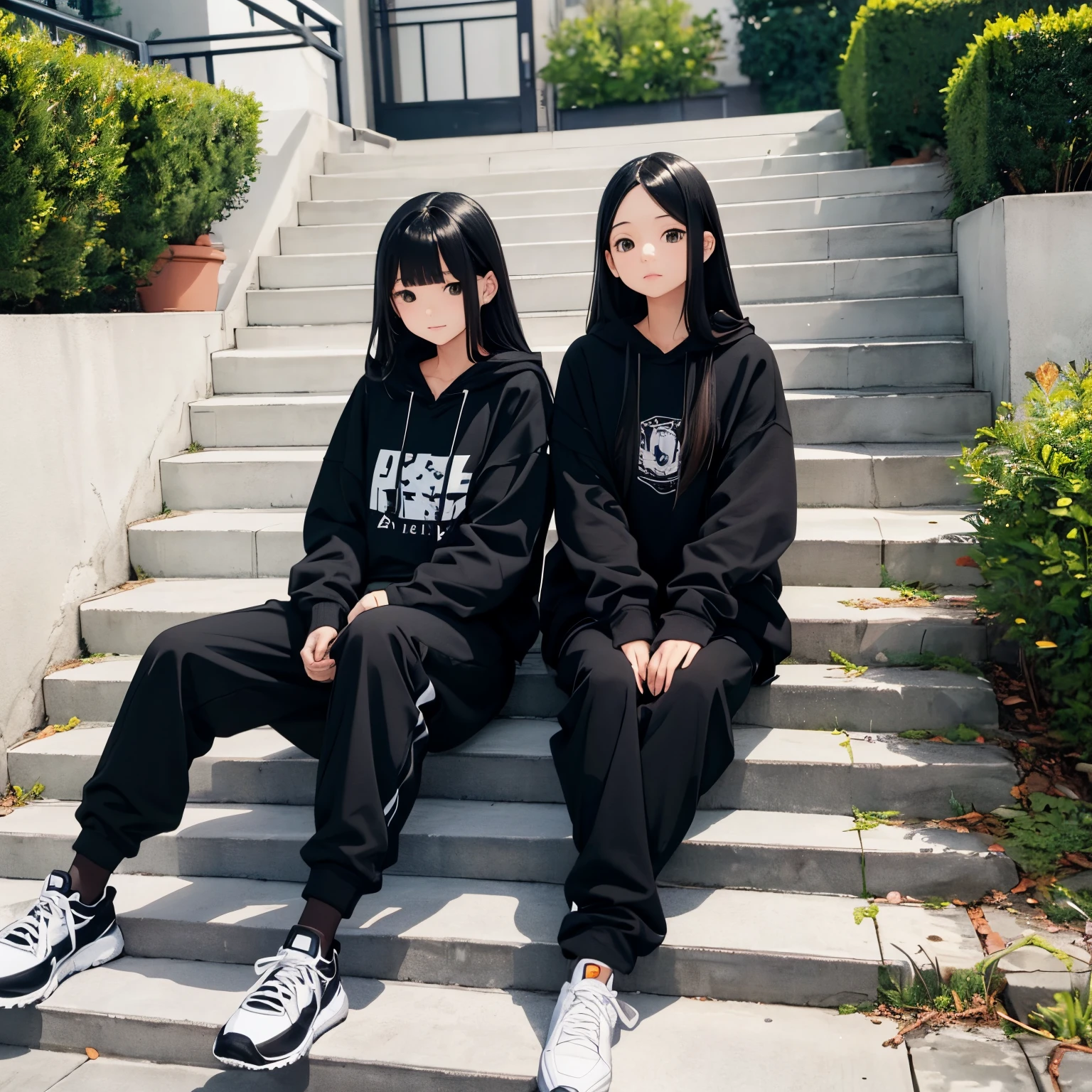 Two beautiful cute girls, long black hair, black hoodie, trousers, sneakers, decent, sit, stairs