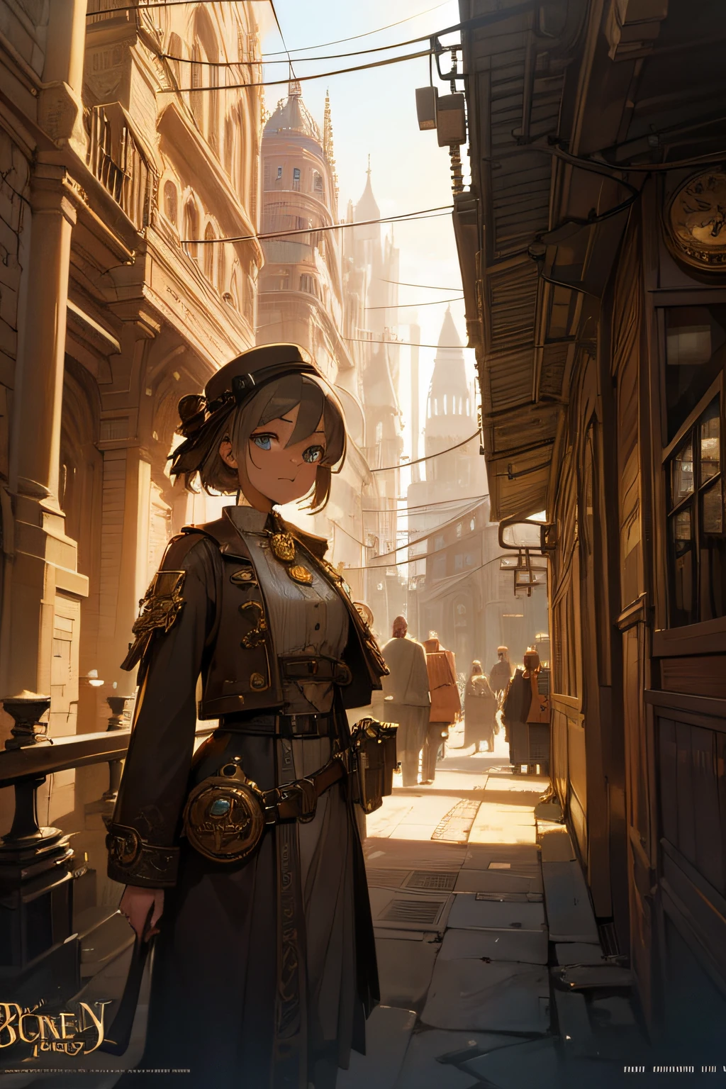 Create an illustration depicting a  girl overlooking a steampunk cityscape. The girl has dark skin, short blonde hair and shiny blue eyes. The girl should be standing in a vantage point, Rooftops, bridges, etc., Look down on the intricately designed steampunk city below. The cityscape should be meticulous and detailed, Showcase the intricacies of gears, pipes, And glamorous architecture. Her expression was、It should be one of the surprises and curiosities when observing a bustling city full of mechanical wonders, blimp, And glamorous architecture. Surround the scene with a warm atmosphere, Golden light to enhance the atmosphere, Emphasize brass and copper tones of steampunk elements. Capturing the adventurous spirit and charm in the eyes of a girl, Reflecting the charm of the fantastic steampunk world around her. The whole illustration should have a nostalgic vibe, Girl smiles. highly detailed, vibrant appearance, creative behavior, extremly detailed, imaginative, sensual, spontaneous, highest quality, skin texture, intricate details, (cinematic lighting), RAW photo, 8k, masterpiece,best quality,ultra-detailed,very detailed illustrations,extremely detailed,intricate details,highres,super complex details,extremely detailed 8k cg wallpaper,