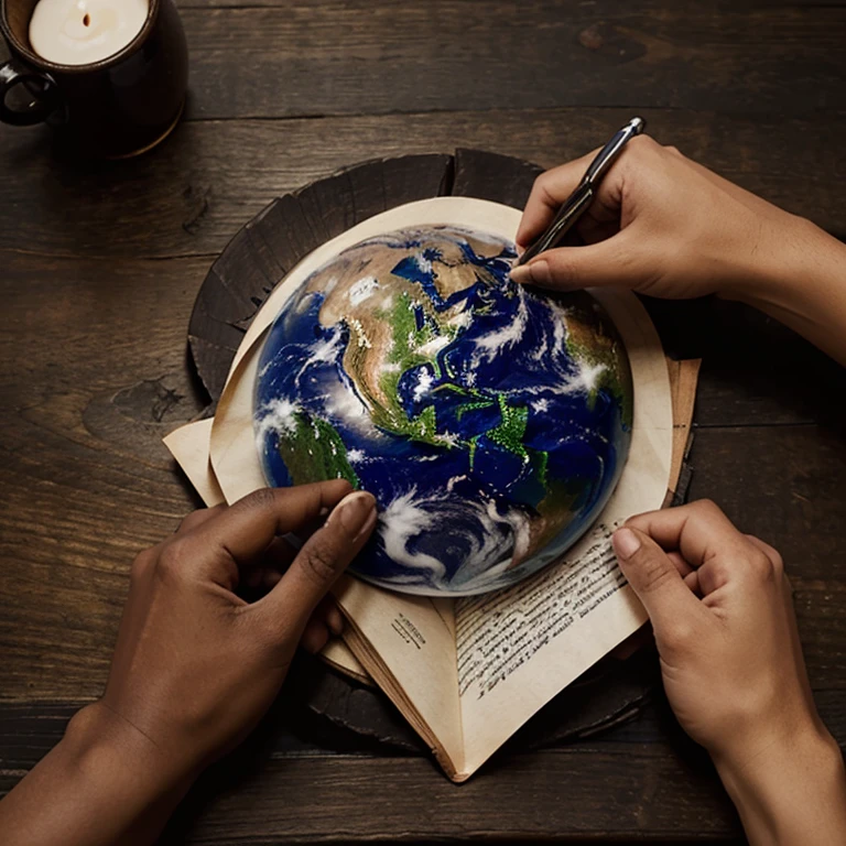 Dear earth citizens writing a letter with fountain pen dark skinned hands and old parchmenT only hands writing visible