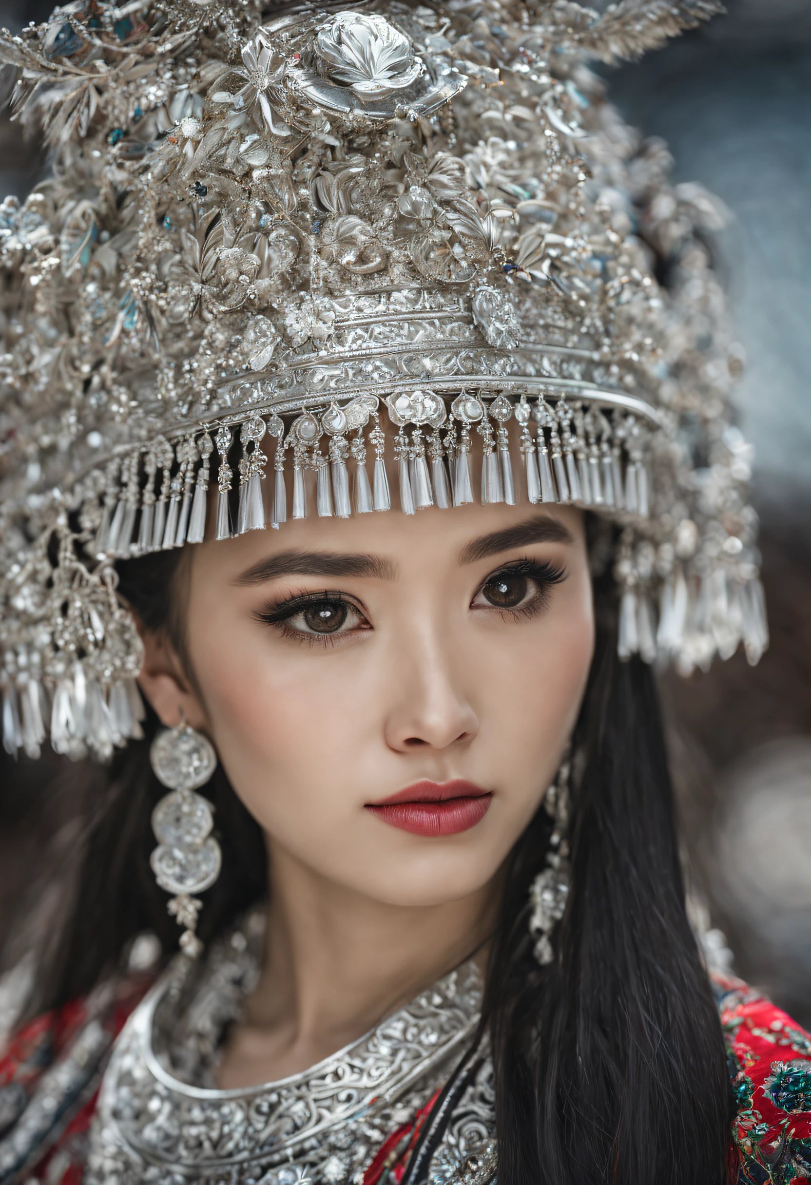 HDR,UHD,8K, best quality, masterpiece, absurdness, extremely detailed, miaoyuansu, hmong, miao8, 1girl, solo, black hair, realistic, long hair, jewelry, earrings, silver bull Horne on hat, upper body, looking at viewer, silky long straight hair, ornament, (very detail traditional clothes), hat, blurry background, portrait, makeup, headdress, eyelashes,