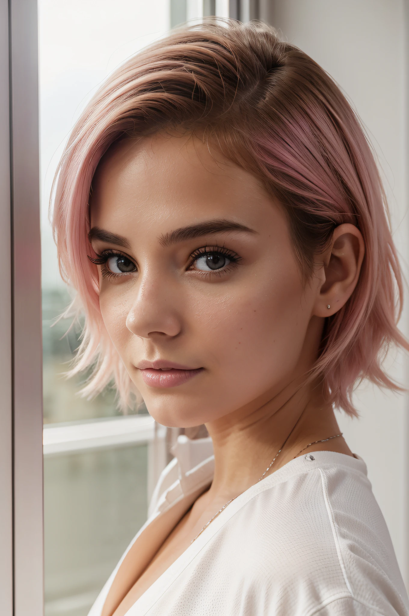 Selfie seen from above a gorgeous girl, at the gym, in sportswear, fille, automne, Fille chaude, (((buste lourd))), cheveux bruns, long_cheveux, symmetrical face, photoreallistic, photographie, Phone camera, natural lighting, magnifique, clivage, occidental, Lo-fi, High resolution, Extremely detailed, peau avec pores, realistic lighting, natural light, selfie, visage naturel, Moles, instagram pose, influencer, Low Fidelity, pastel pink hair