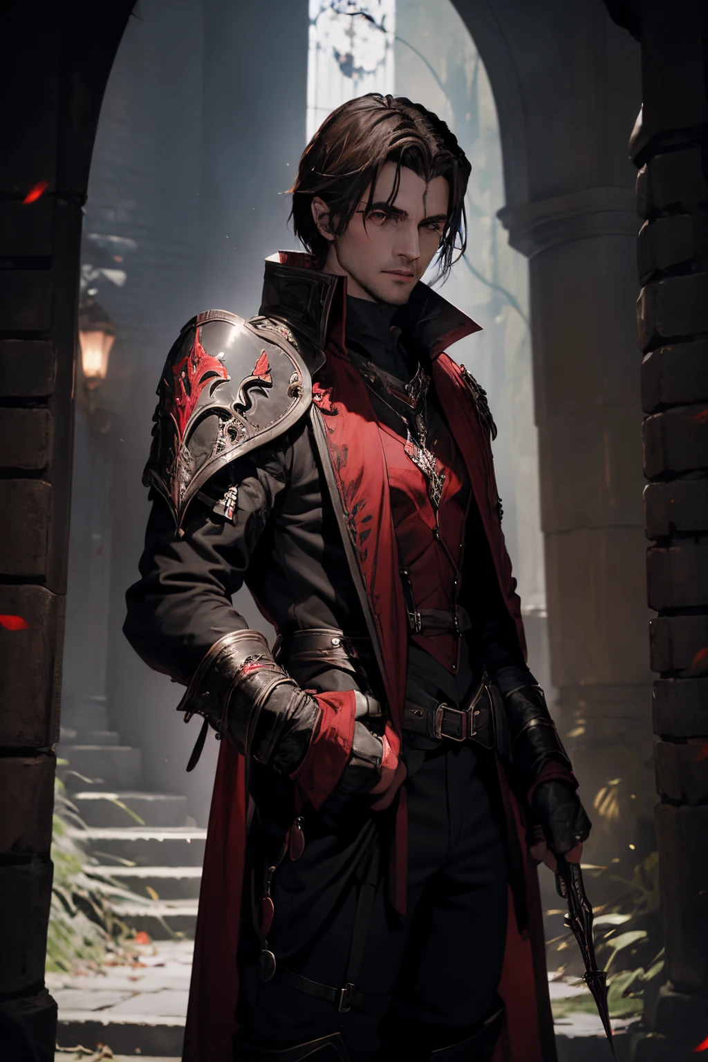 Un dhampir blood hunter homme solennel se tient prêt pour la chasse nocturne. Imaginez un personnage avec des traits vampiriques distincts, vêtu d'une armure sombre noir et rouge tenant deux épées rouges sang