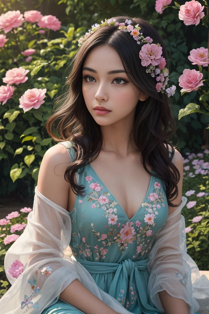 a girl with a striking and confident pose, wearing a vibrant and stylish outfit, long flowing hair, detailed eyes and lips, surrounded by a colorful garden with blooming flowers and lush greenery, the sunlight casting a warm and dreamy glow, giving the scene a magical and ethereal atmosphere, creating a sense of beauty and mystery. (medium:oil painting) for a rich and textured appearance, adding depth and dimension to the artwork. additional details such as butterflies fluttering around the girl, adding a sense of  and nature's beauty. The girl's outfit adorned with intricate embroidery, showcasing her unique personality and style. The garden filled with various types of flowers, each delicately painted with realistic details, creating a visually captivating scene. (best quality,4k,8k,highres,masterpiece:1.2),ultra-detailed,(realistic,photorealistic,photo-realistic:1.37) to ensure the highest level of image quality and fidelity. Vivid colors to enhance the vibrancy of the garden and the girl's attire. Studio lighting to highlight the girl's features and create a sense of drama and depth. The artwork exudes a sense of femininity, strength, and elegance, capturing the viewers' attention and inviting them to immerse themselves in the beauty and wonder of the scene.