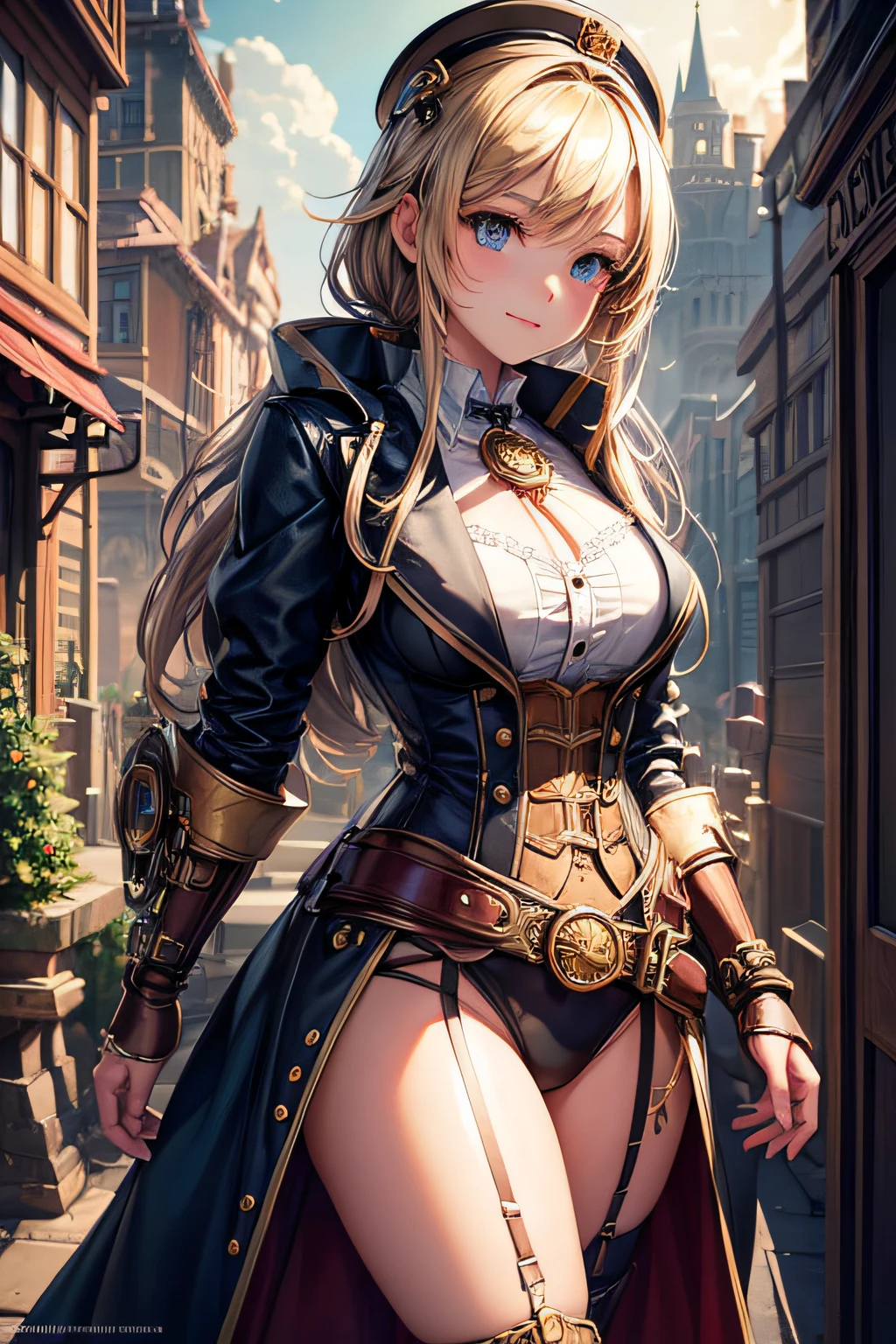 Woman in steampunk costume, wearing steampunk outfit, steampunk fantasy style, (Steampunk), steampunk beautiful goddess, steampunk beautiful woman, Steampunk style, steampunk fantasy, steampunk inventor woman, long blonde wavy hair, bangs covering eyes, blue eyes, white skin, serious dignified face, burgundy lips, brown tight leather pants, brown low-cut leather vest, brown long leather boots, standing on a metal platform Set in a steampunk world, vivid steampunk concept sultry look, seductive,