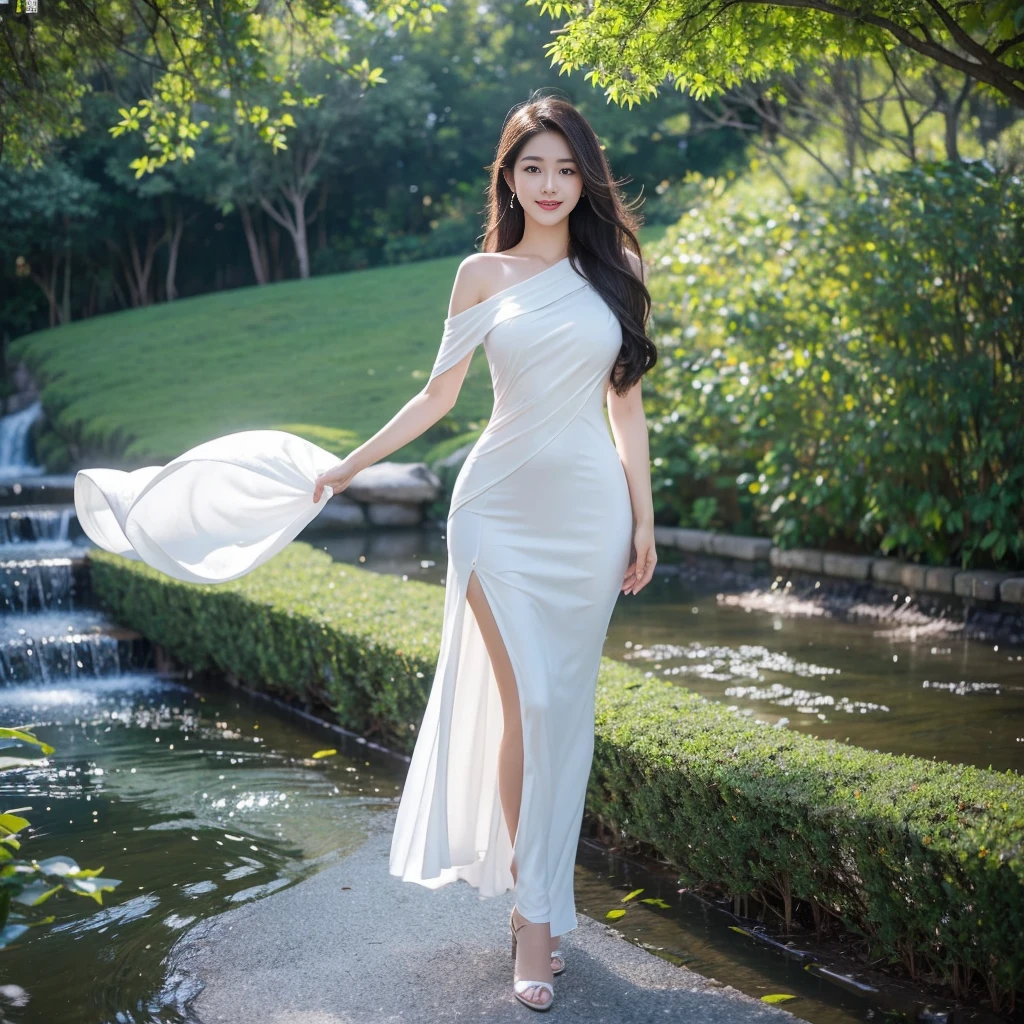 8k, masterpiece, RAW photo, best quality, photorealistic, extremely detailed CG unity 8k wallpaper, Depth of field, Cinematic Light, Lens Flare, Ray tracing, (extremely beautiful face, beautiful lips, beautiful eyes), intricate detail face, ((ultra detailed skin)) 1girl, in the dark, deep shadow, pretty Asian girl, idol, 1 girl, (very slim slender fit-muscled body:1.3), ((looking at viewer)),((big smile:1.3)), (best quality,ultra-detailed,realistic:1.37),portraits,beautiful young girl,youthful female model,riverbank and ((rocks)),Sweet girl clothes4, ((Silky Violet Purple Bridesmaid lace type Dress)), ((flowers on bridesmaid lace dress)), jewelry, walking in a waterfall,standing posture, standing beside rock,drenched all over,masterpiece,extremely detailed description,super fine painting,detailed face,slim figure, sexy angles, ((Stylish angles)), medium legs,playing in the water,smiling,bright smile, ((Apple trees in river)), ((many apple trees in river))((Full apple's in apple trees)), ((more and more apples in trees)),