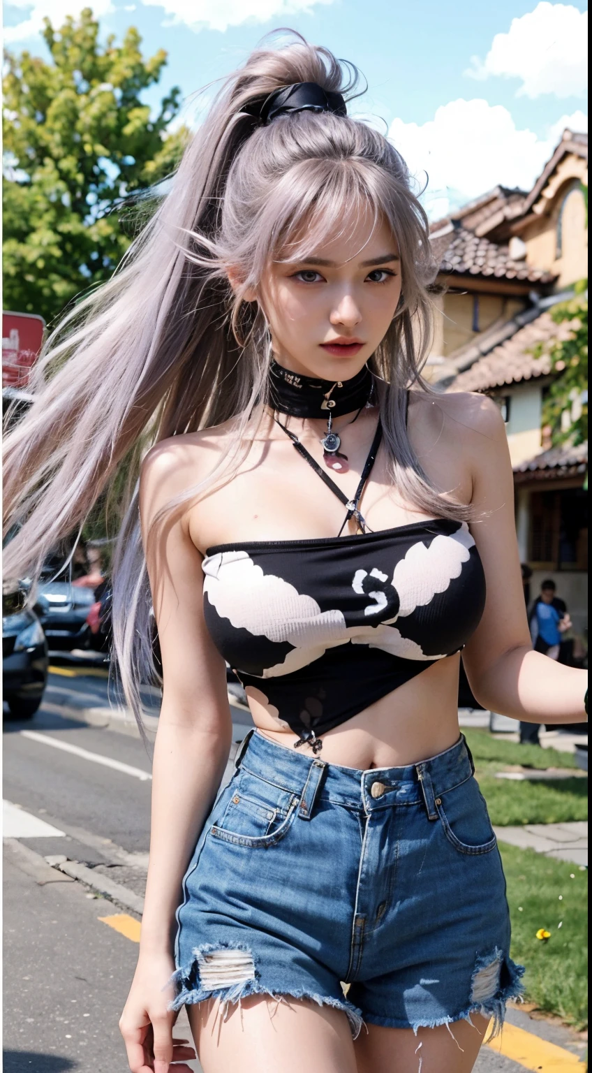 Top image quality、Raw photography、超A high resolution、18-year-old Korean、Glasses beauty、Colossal tits:1.5、cleavage of the breast:1.6、Healthy complexion、shiny white skin、((Hold twin tails))、((Light brown silver hair))、Beautiful eyes with random colors、very thin lips、beautiful eyes finely detailed、elongated eyes、pale pink blush、long eyeslashes、Beautiful double eyelids、eyeshadows、耳Nipple Ring、(Fashionable glasses、White tight tank top、denim short pants、Beautiful legs、Attractive thighs)、street snap、moderate leg thickness、Shot with emphasis on the legs、is standing、Photograph the whole body、Peace sign with both hands emphasizing cleavage