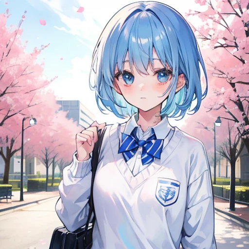 blue hairs，white collar，Colorful sweater，a cute loli，On campus