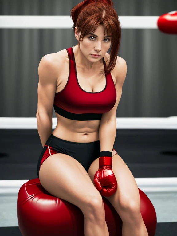 Mature boxer. Her hair color is reddish brown. (shortcut)). ((Wearing red boxing gloves)). (wearing a black sports bra). Muscle. ((One woman)). Well-shaped boxing gloves. Corners of the ring. Sitting on a stool on the ring. Interval. Both arms are lowered. Calm look. Quiet breathing